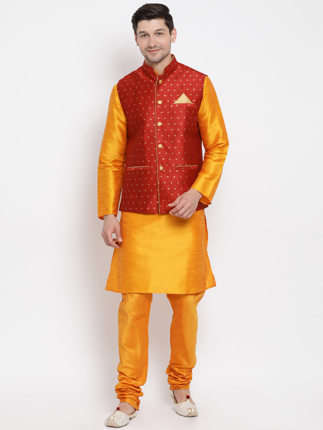 Men's Orange Silk Blend Jacket, Kurta and Pyjama Set