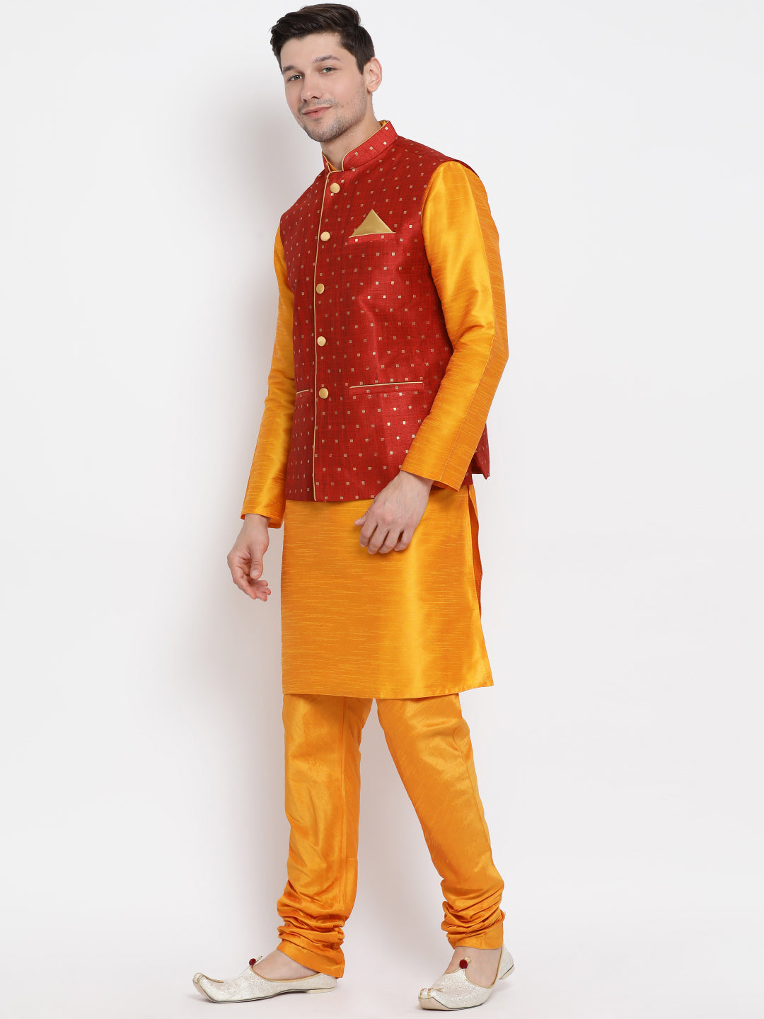 Men's Orange Silk Blend Jacket, Kurta and Pyjama Set