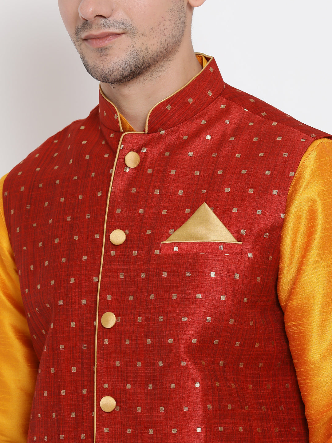 Men's Orange Silk Blend Jacket, Kurta and Pyjama Set