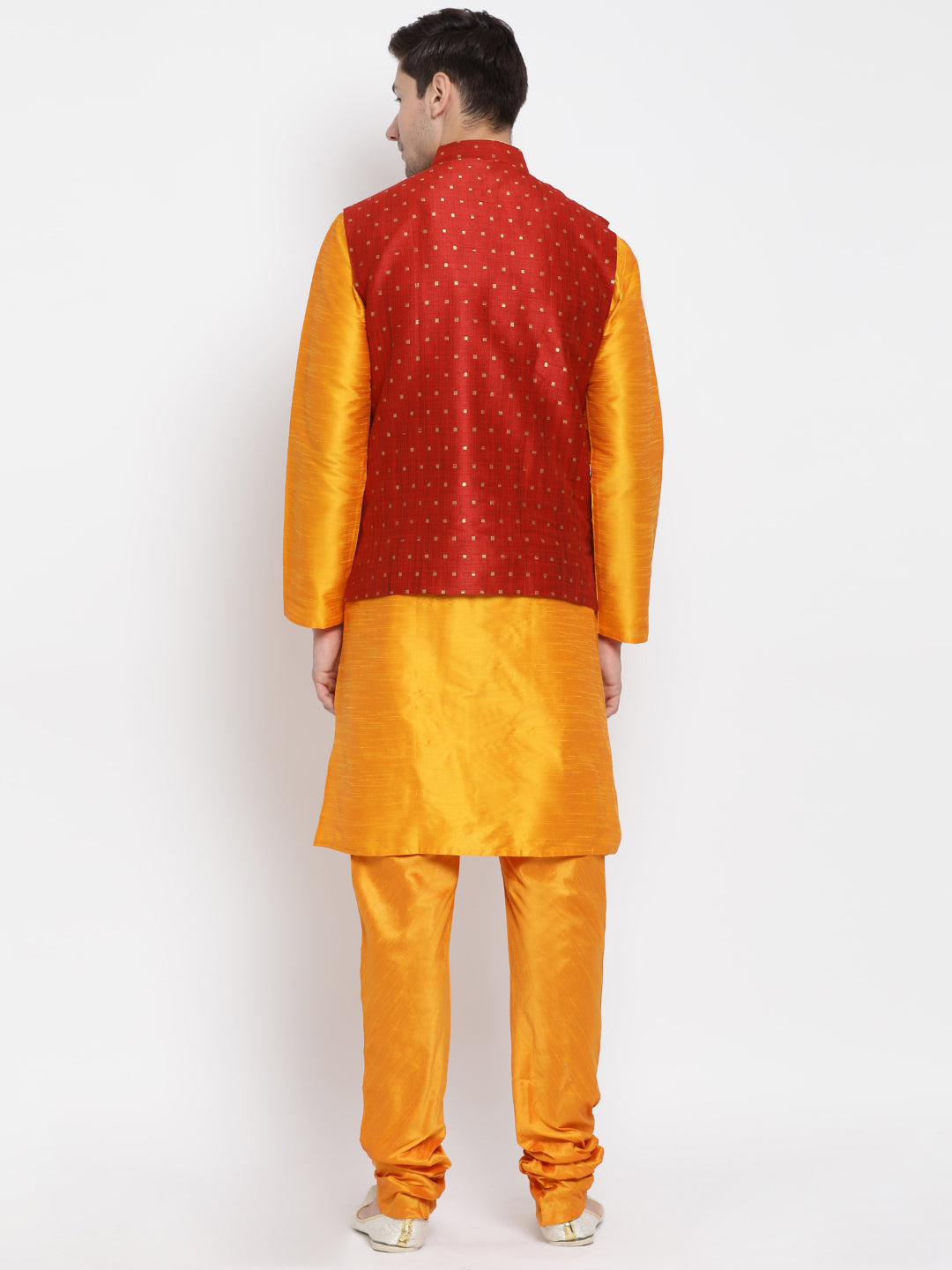 Men's Orange Silk Blend Jacket, Kurta and Pyjama Set