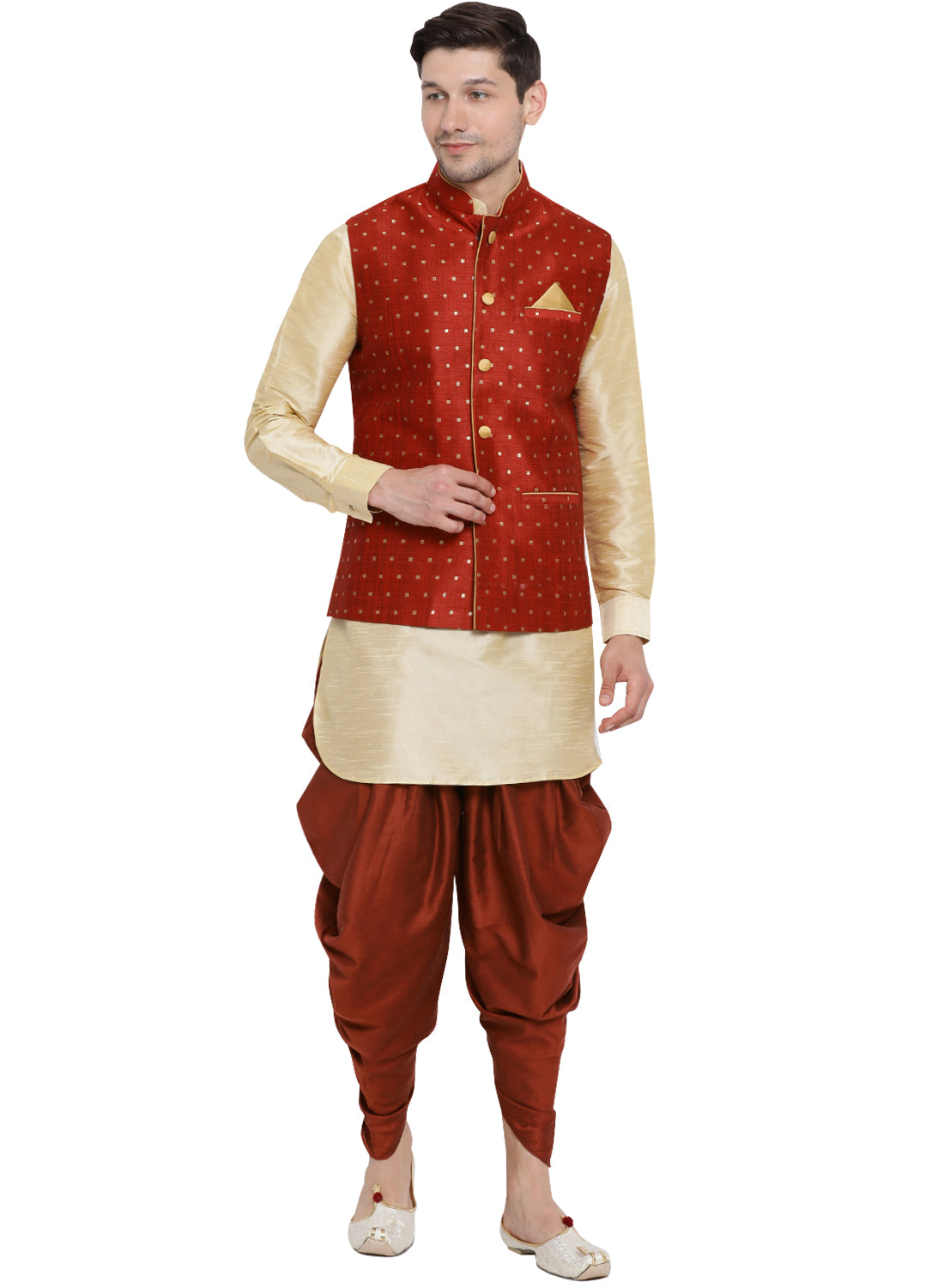 Men's Gold Silk Blend Jacket, Kurta and Dhoti Set