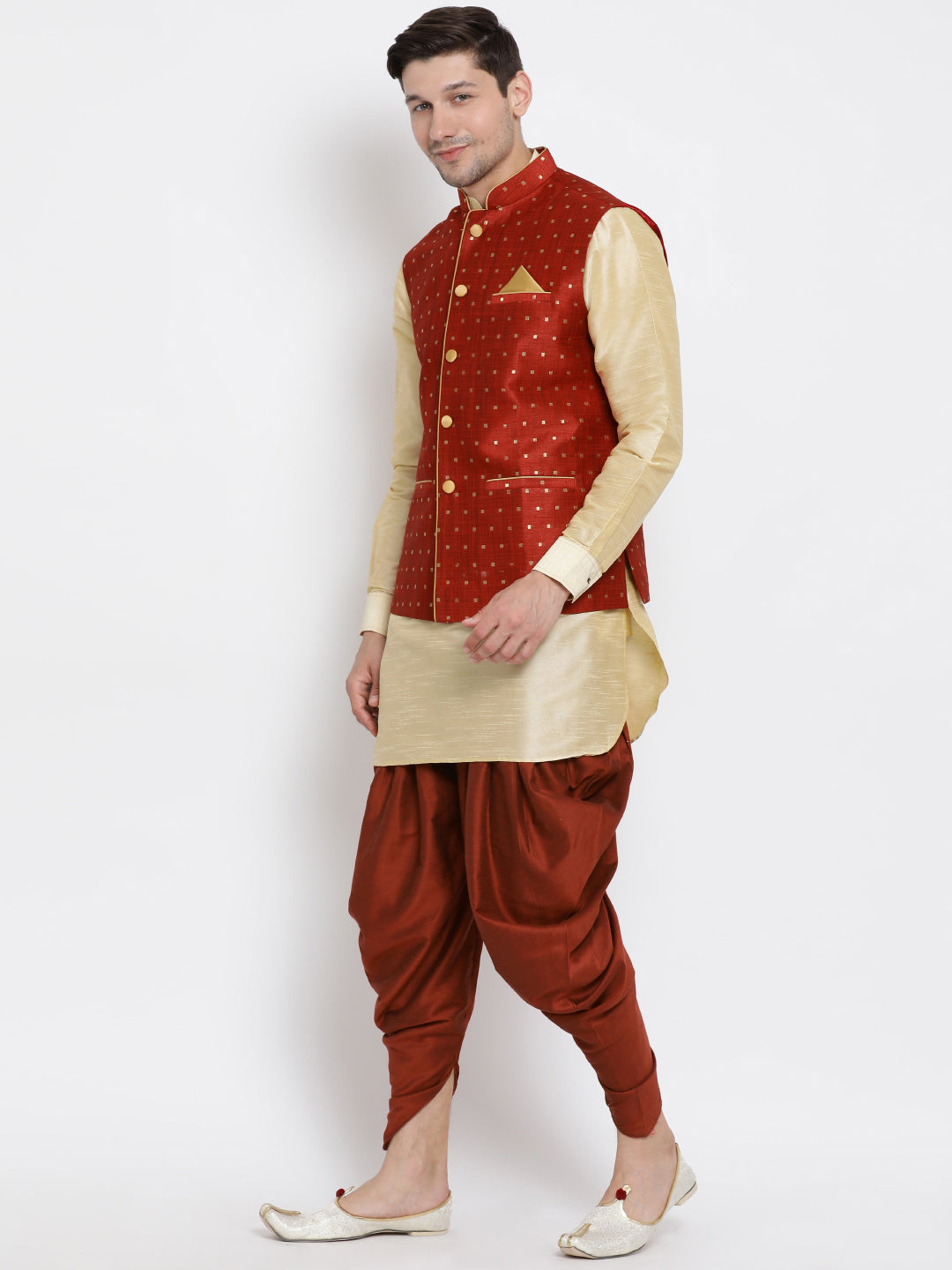 Men's Gold Silk Blend Jacket, Kurta and Dhoti Set