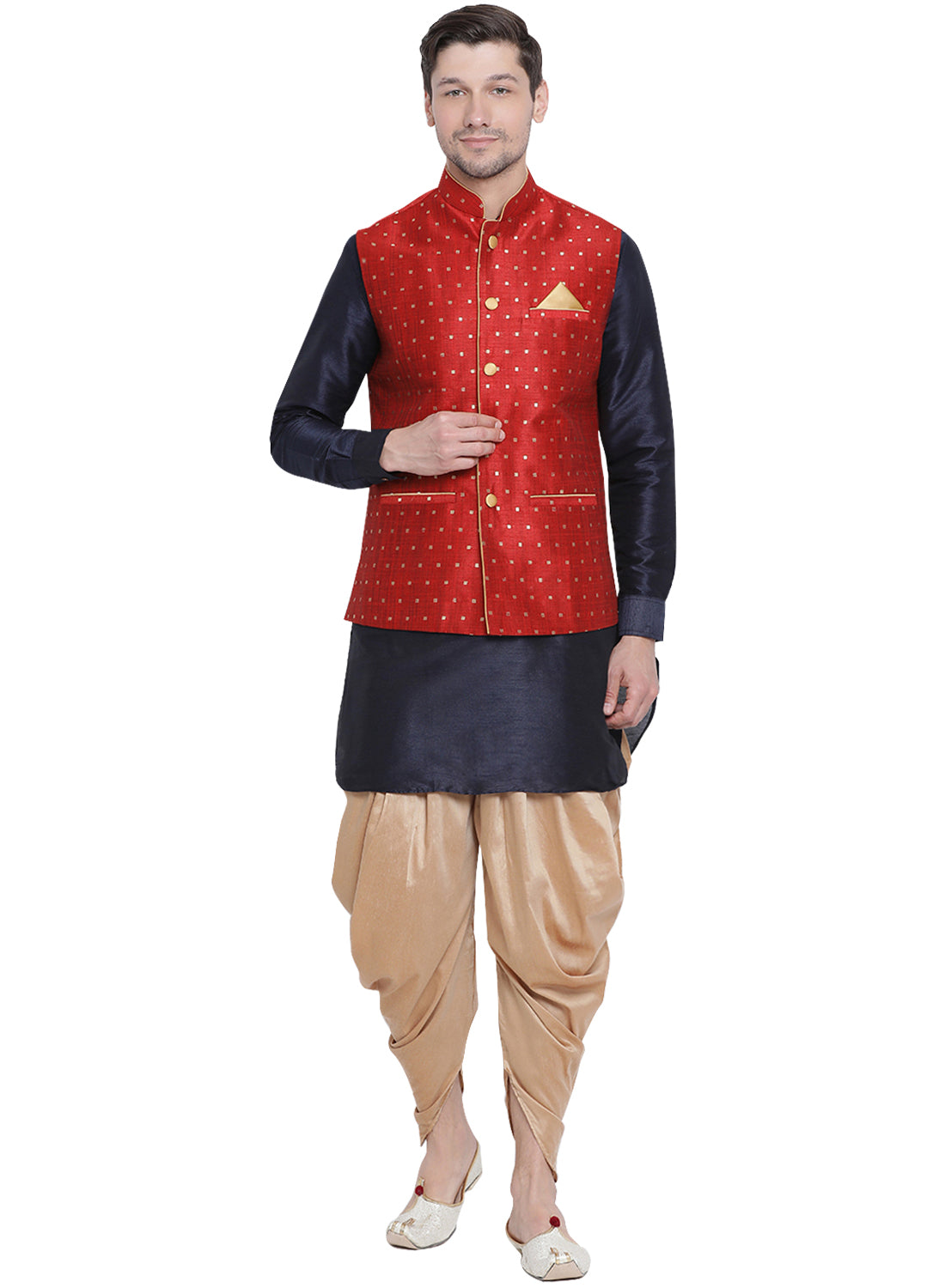 Men's Deep Blue Silk Blend Jacket, Kurta and Dhoti Set