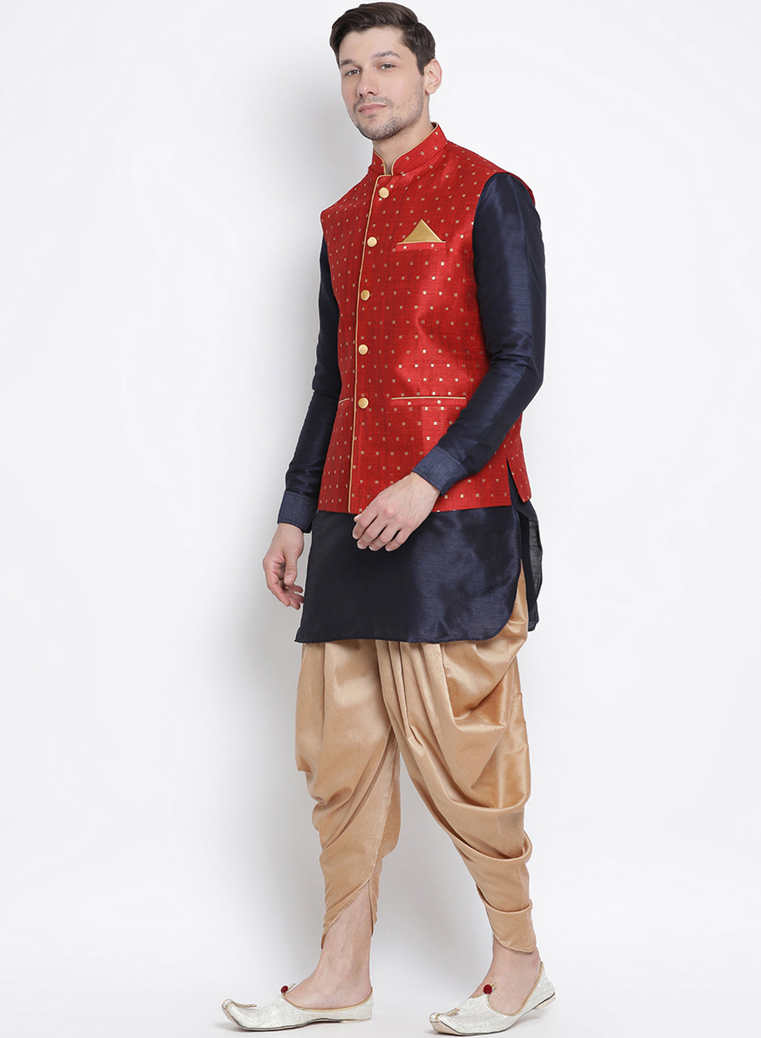 Men's Deep Blue Silk Blend Jacket, Kurta and Dhoti Set