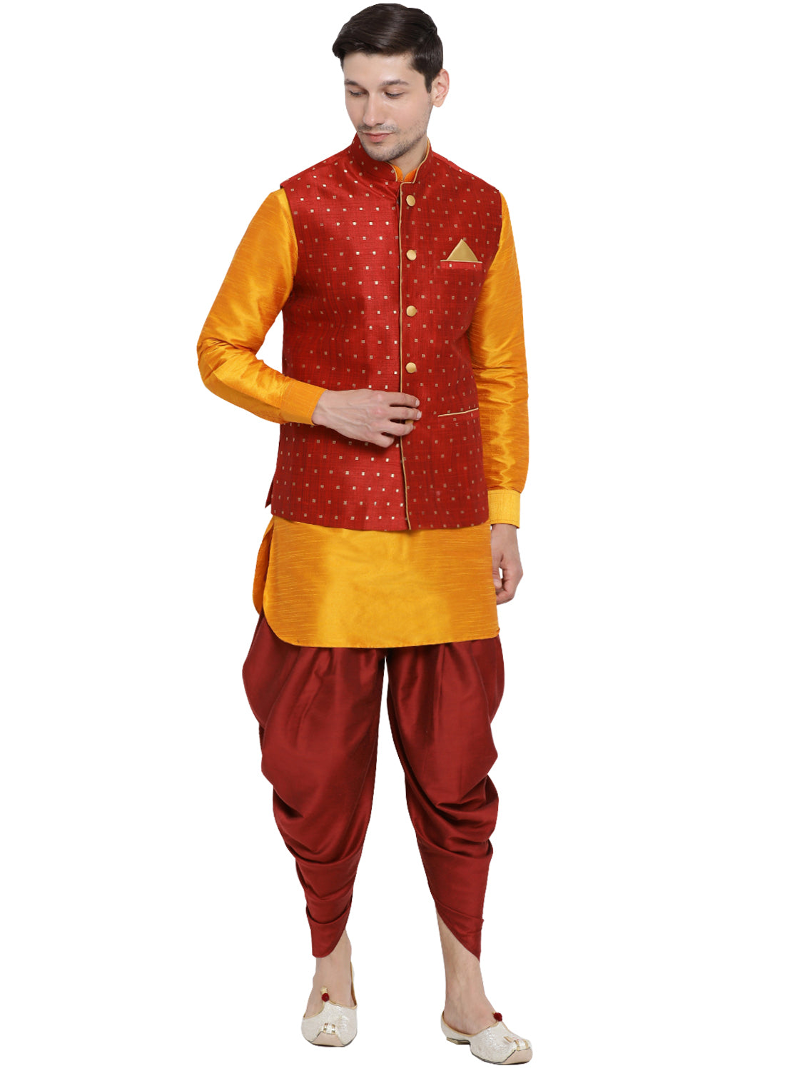 Men's Orange Silk Blend Jacket, Kurta and Dhoti Set