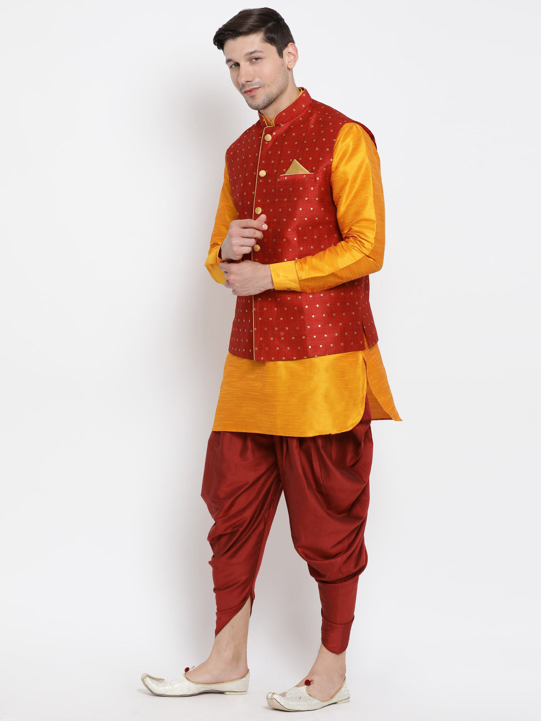 Men's Orange Silk Blend Jacket, Kurta and Dhoti Set