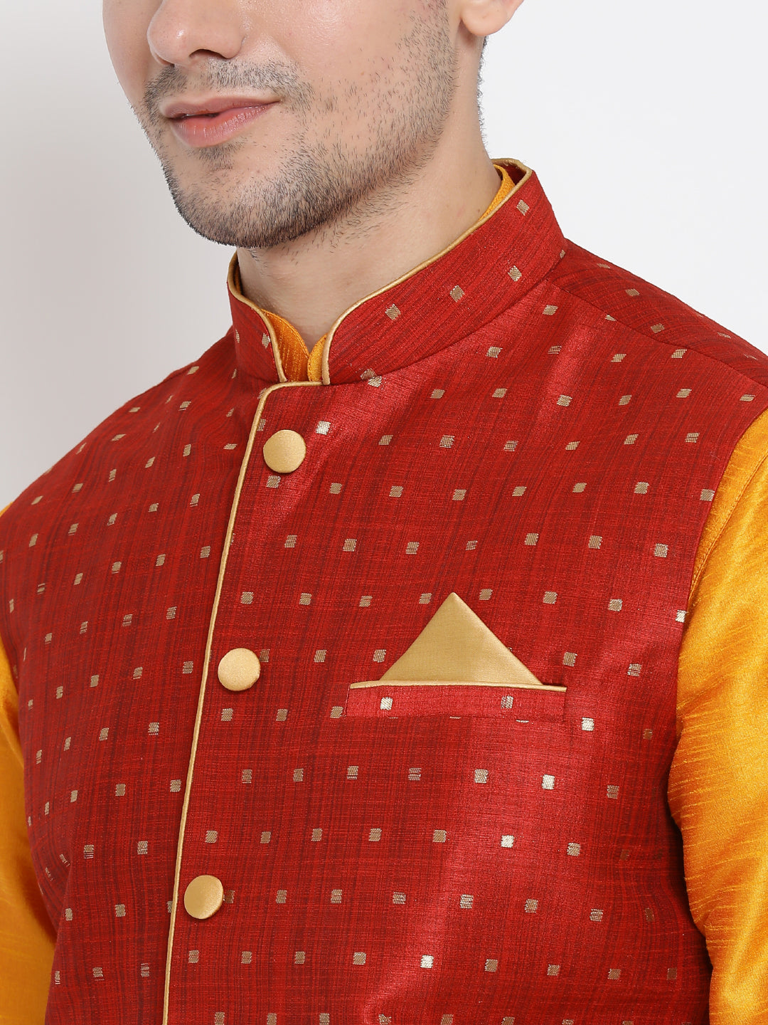 Men's Orange Silk Blend Jacket, Kurta and Dhoti Set