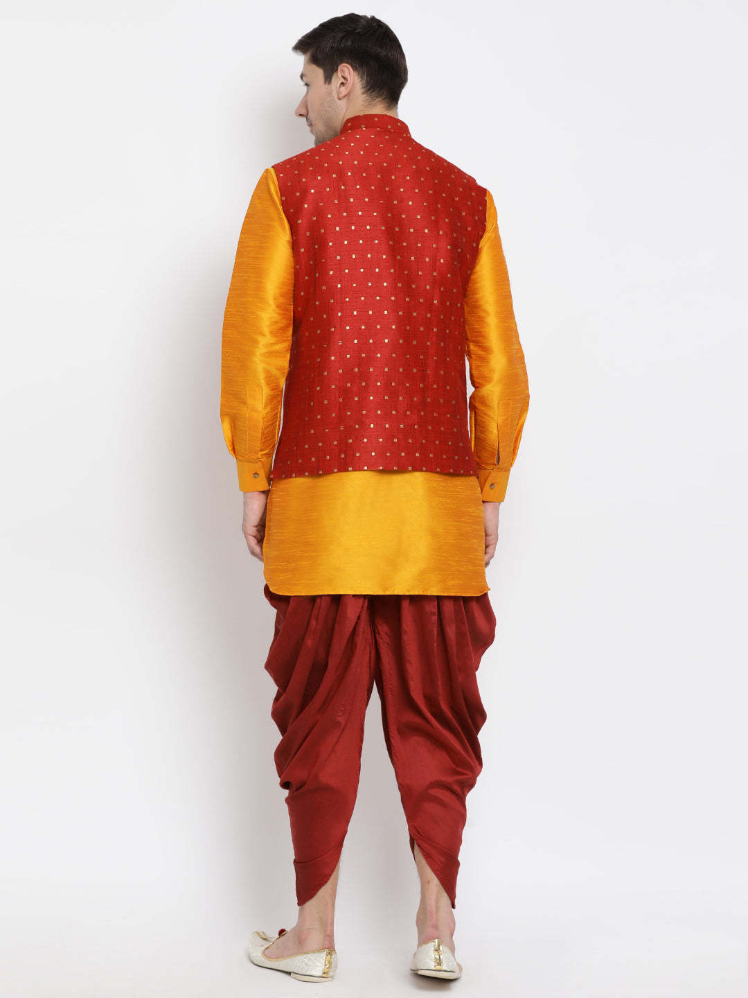 Men's Orange Silk Blend Jacket, Kurta and Dhoti Set