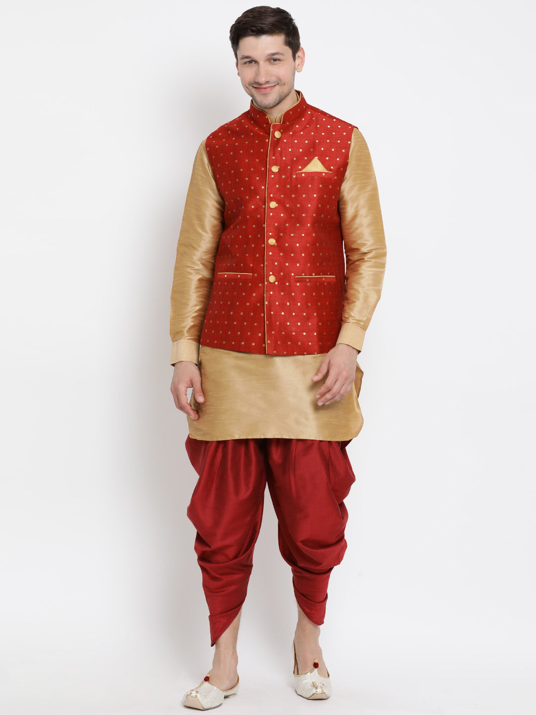 Men's Gold Silk Blend Jacket, Kurta and Dhoti Set