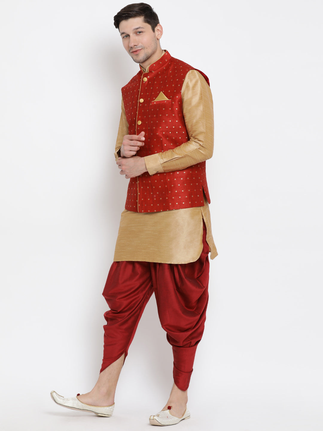 Men's Gold Silk Blend Jacket, Kurta and Dhoti Set