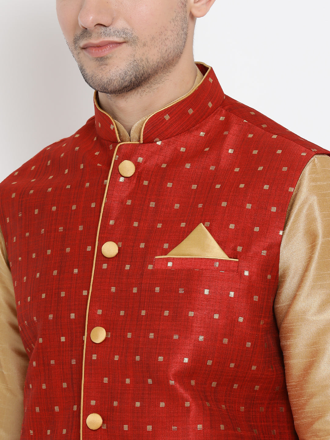 Men's Gold Silk Blend Jacket, Kurta and Dhoti Set