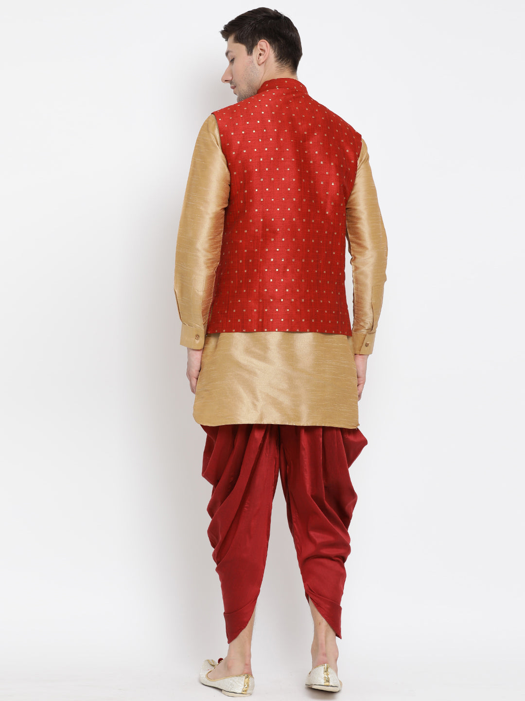 Men's Gold Silk Blend Jacket, Kurta and Dhoti Set