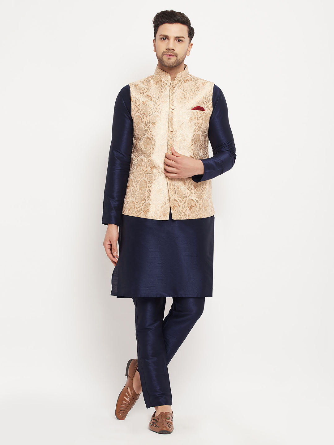 Men's Navy Blue And Rose Gold Silk Blend Jacket, Kurta and Pyjama Set