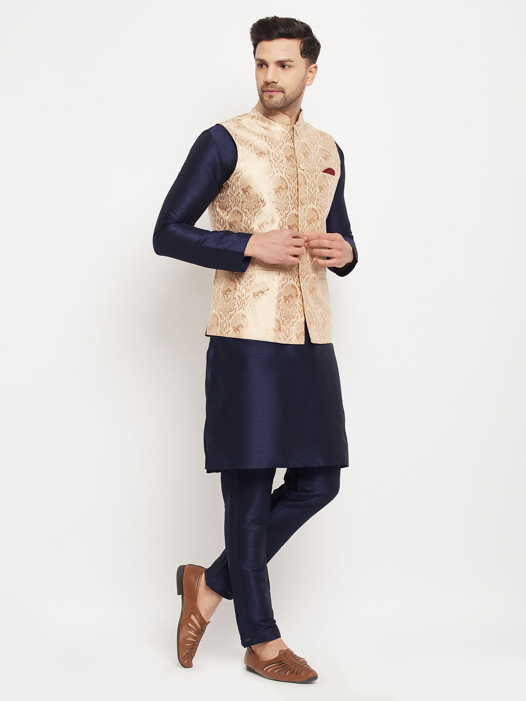 Men's Navy Blue And Rose Gold Silk Blend Jacket, Kurta and Pyjama Set