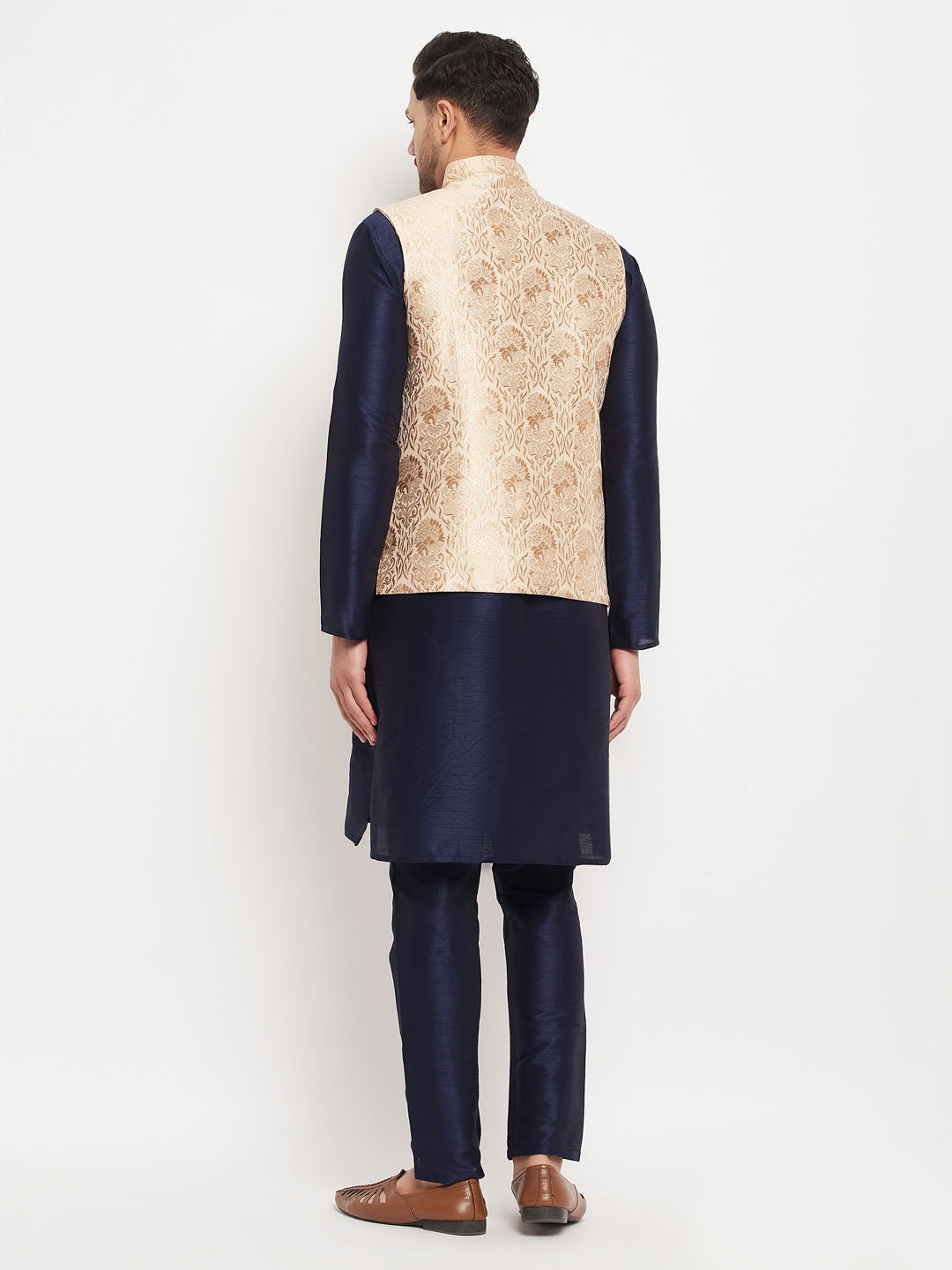 Men's Navy Blue And Rose Gold Silk Blend Jacket, Kurta and Pyjama Set