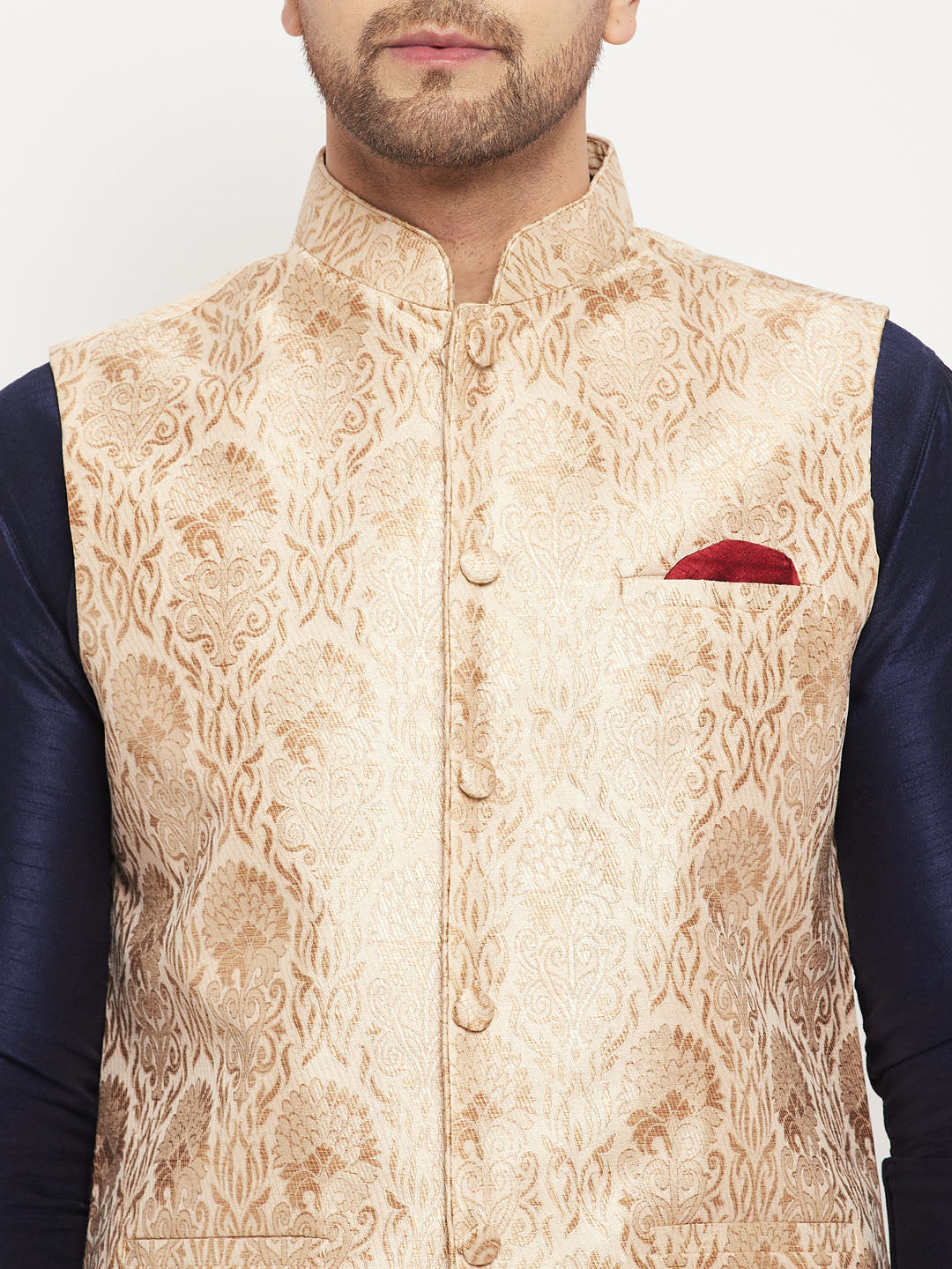 Men's Navy Blue And Rose Gold Silk Blend Jacket, Kurta and Pyjama Set