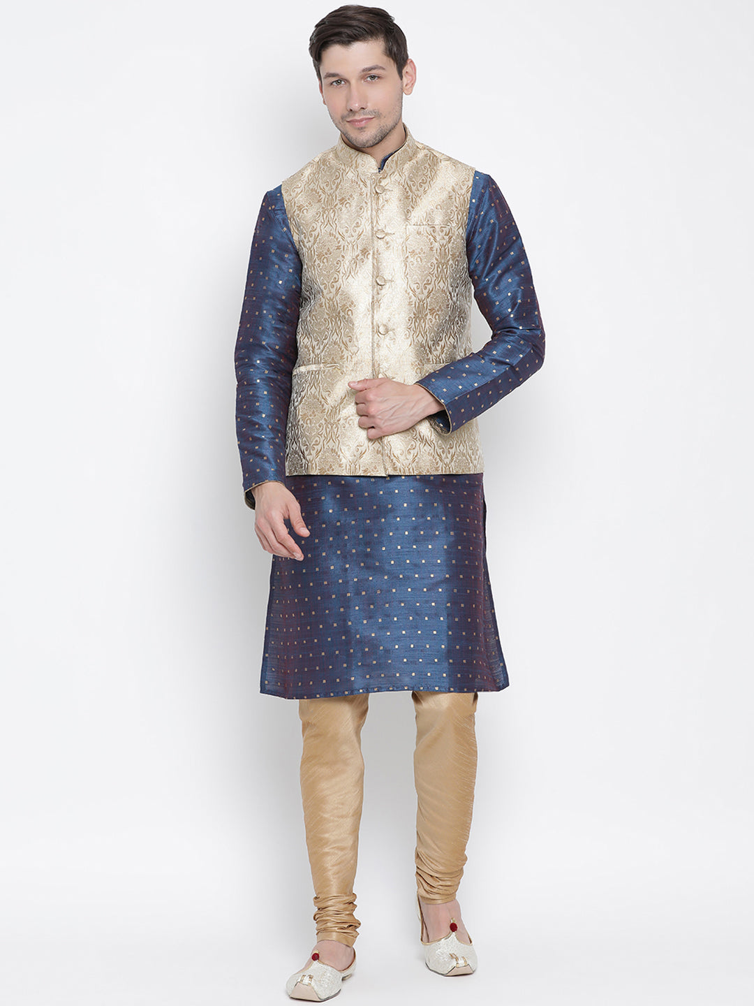 Men's Blue Silk Blend Jacket, Kurta and Pyjama Set