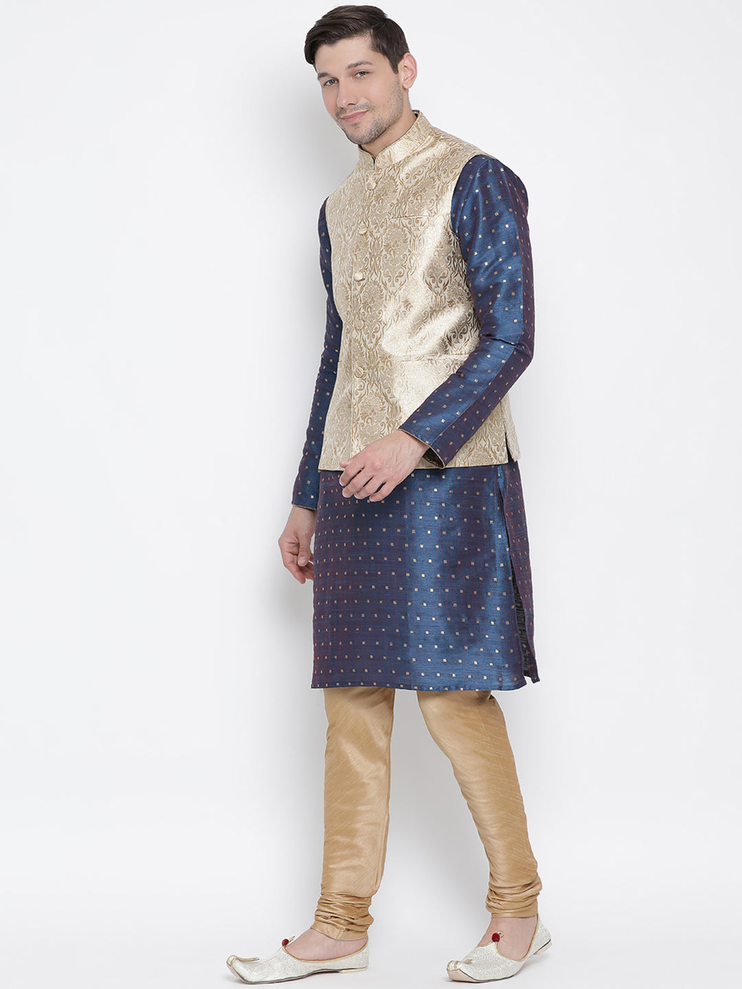 Men's Blue Silk Blend Jacket, Kurta and Pyjama Set