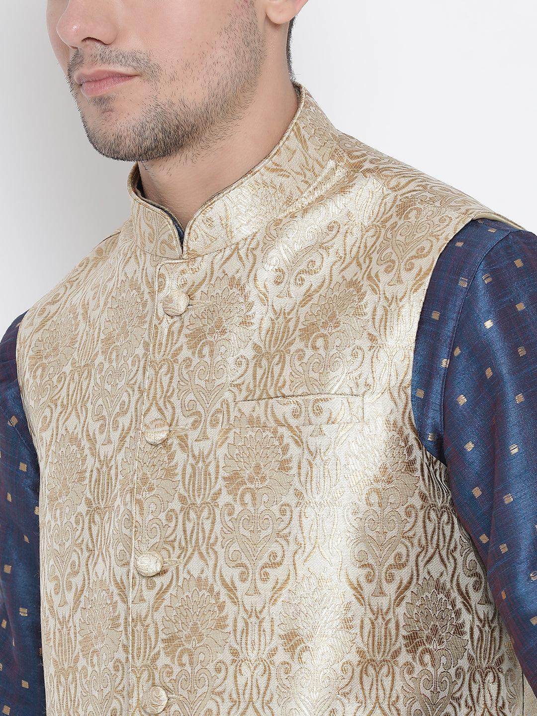 Men's Blue Silk Blend Jacket, Kurta and Pyjama Set