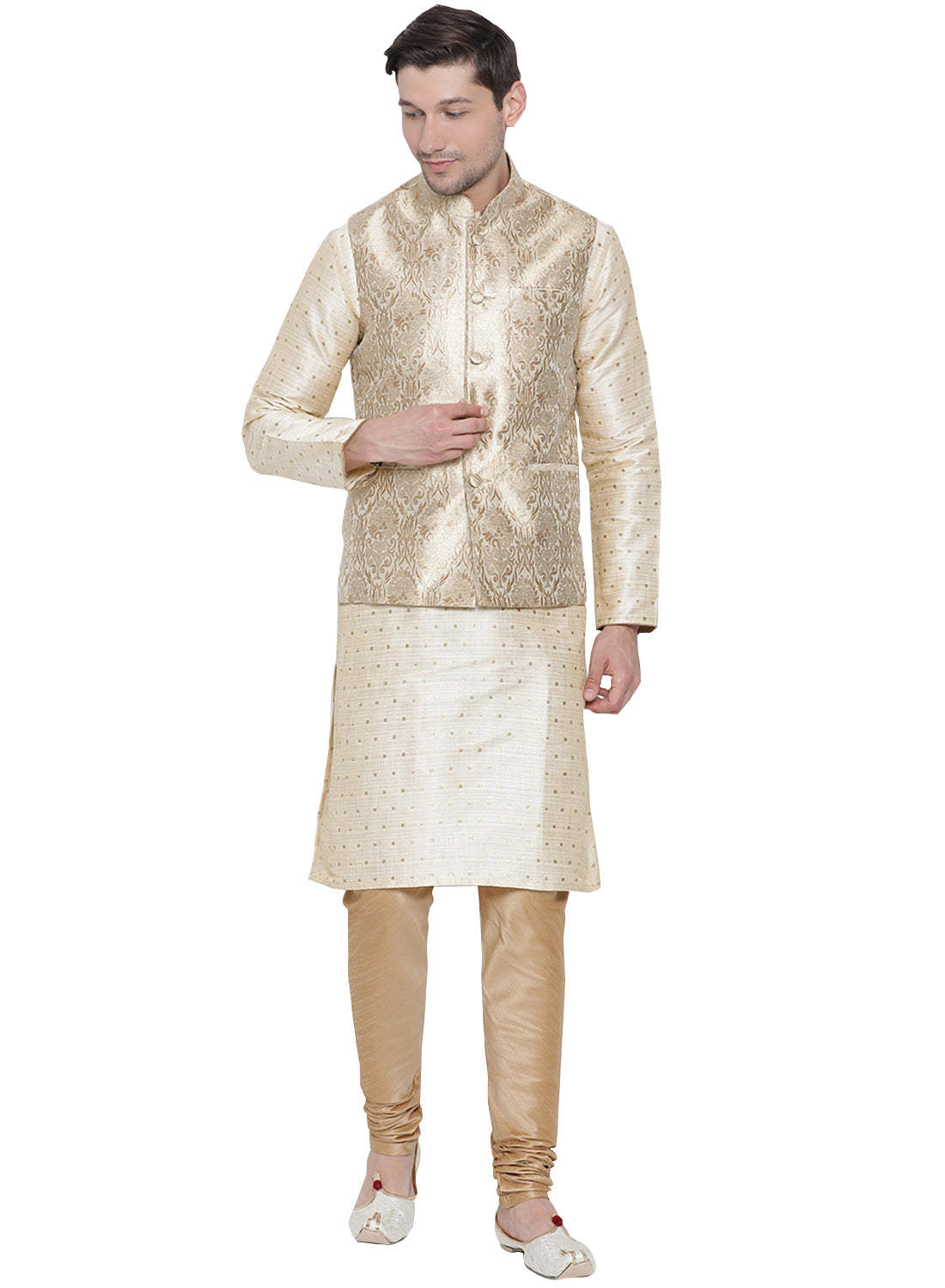 Men's Gold Silk Blend Jacket, Kurta and Pyjama Set