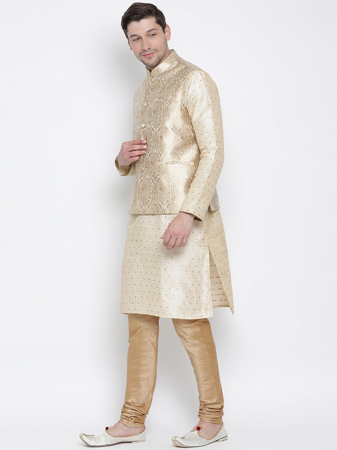 Men's Gold Silk Blend Jacket, Kurta and Pyjama Set