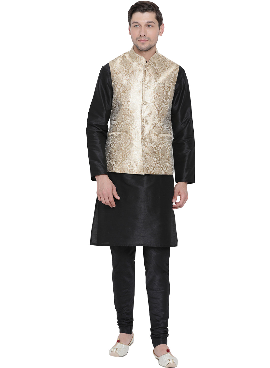 Men's Black Silk Blend Jacket, Kurta and Pyjama Set