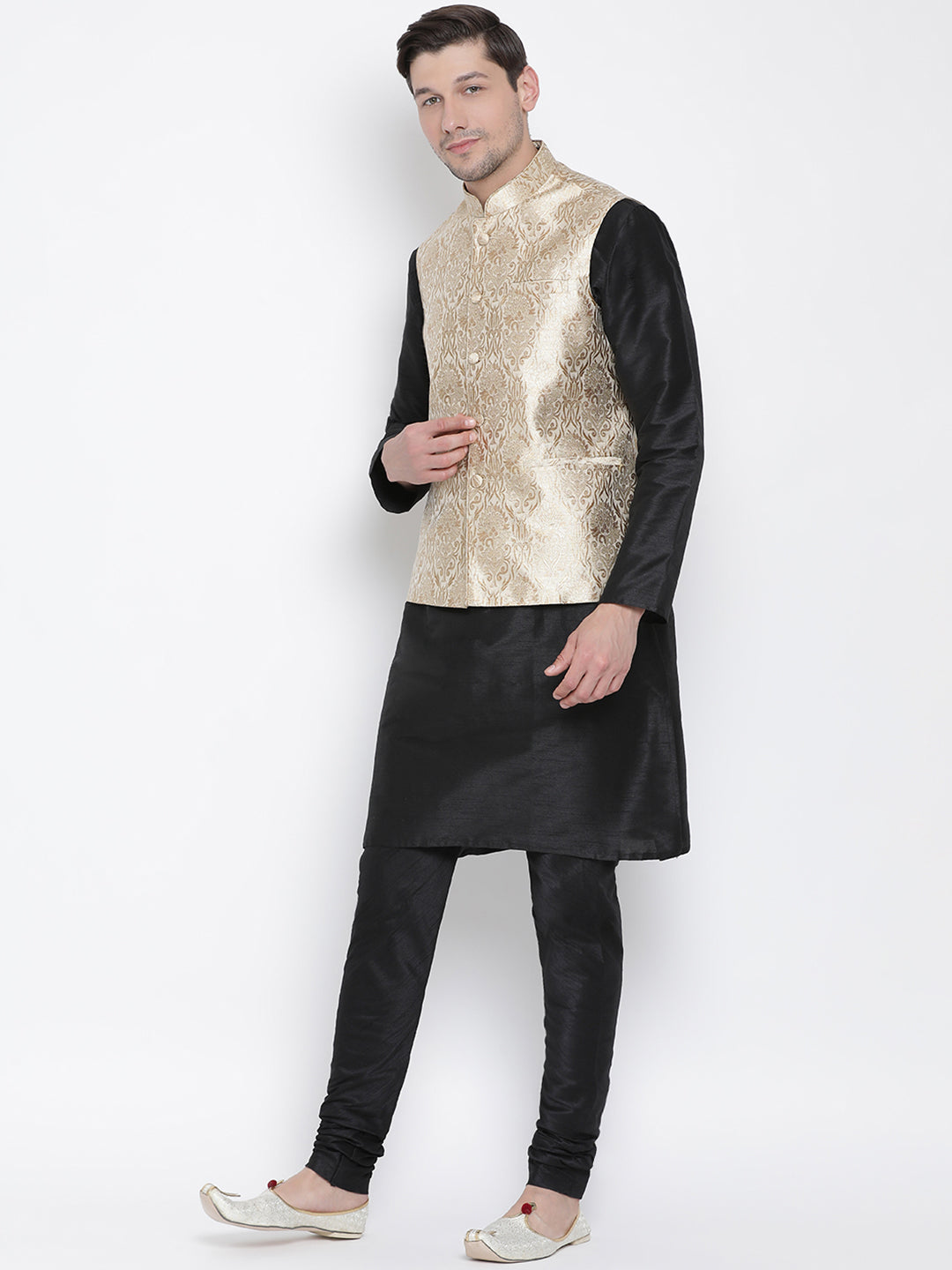 Men's Black Silk Blend Jacket, Kurta and Pyjama Set