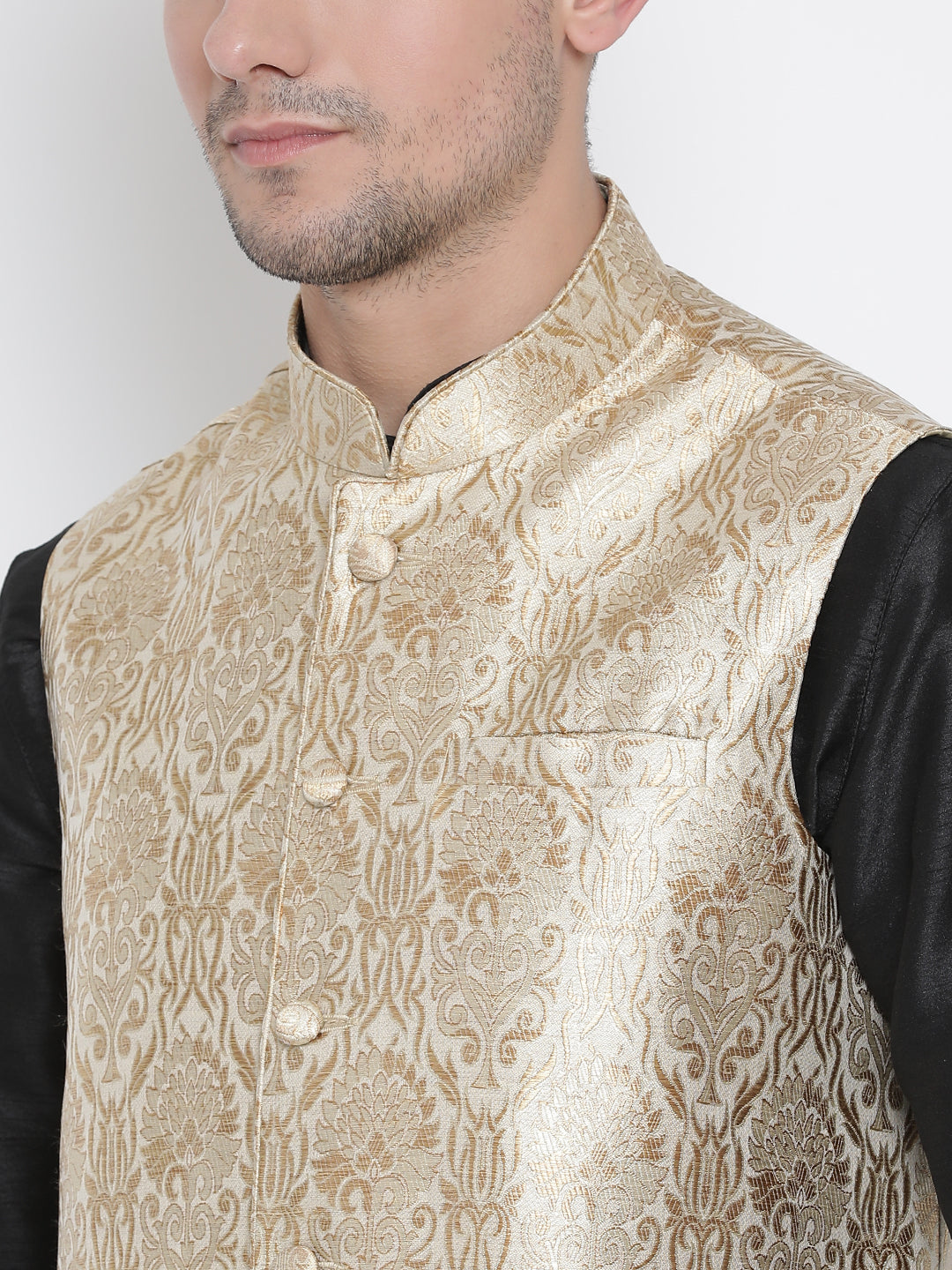 Men's Black Silk Blend Jacket, Kurta and Pyjama Set