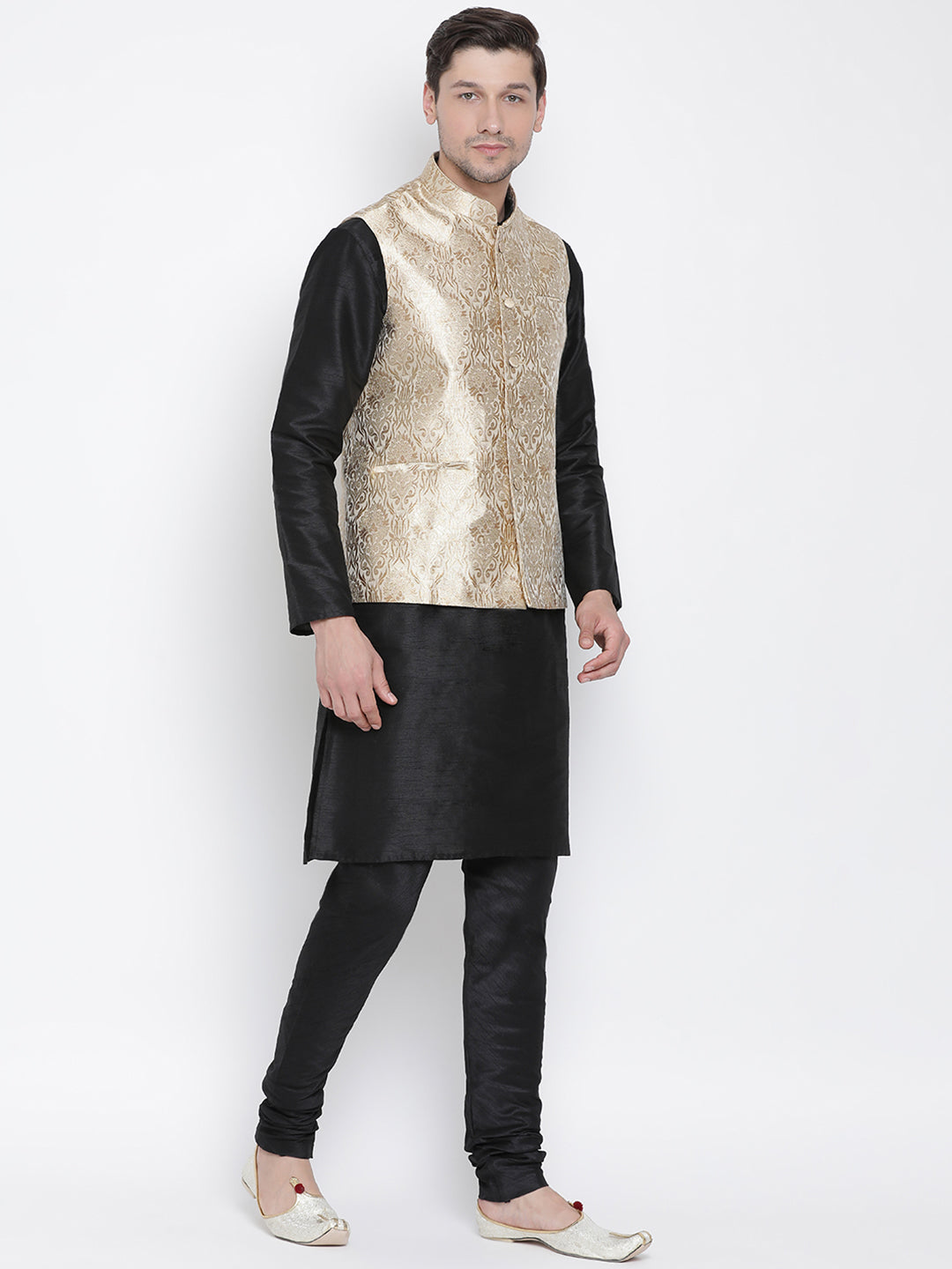 Men's Black Silk Blend Jacket, Kurta and Pyjama Set