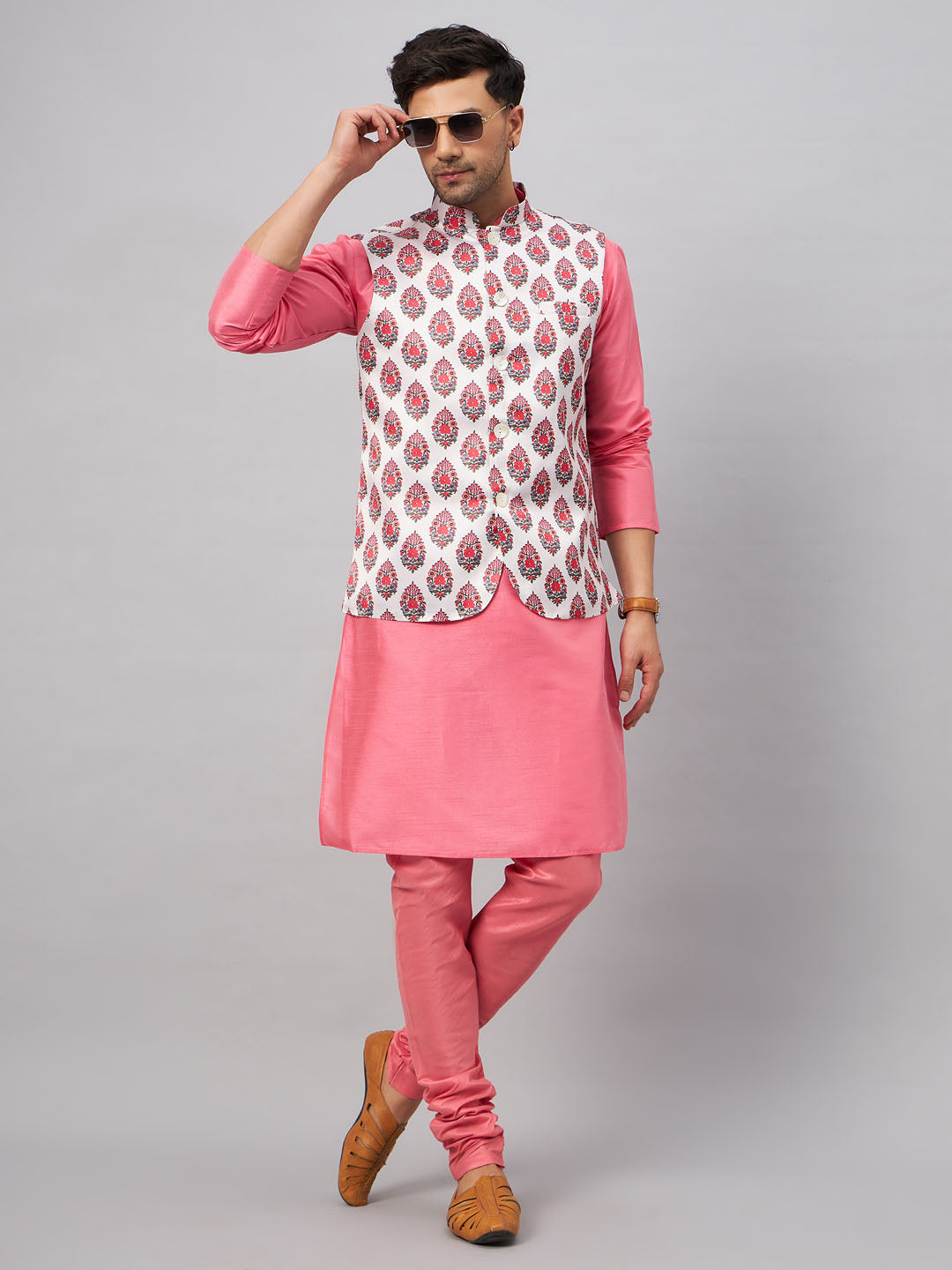 Men's Cream And Pink Silk Blend Jacket, Kurta and Pyjama Set