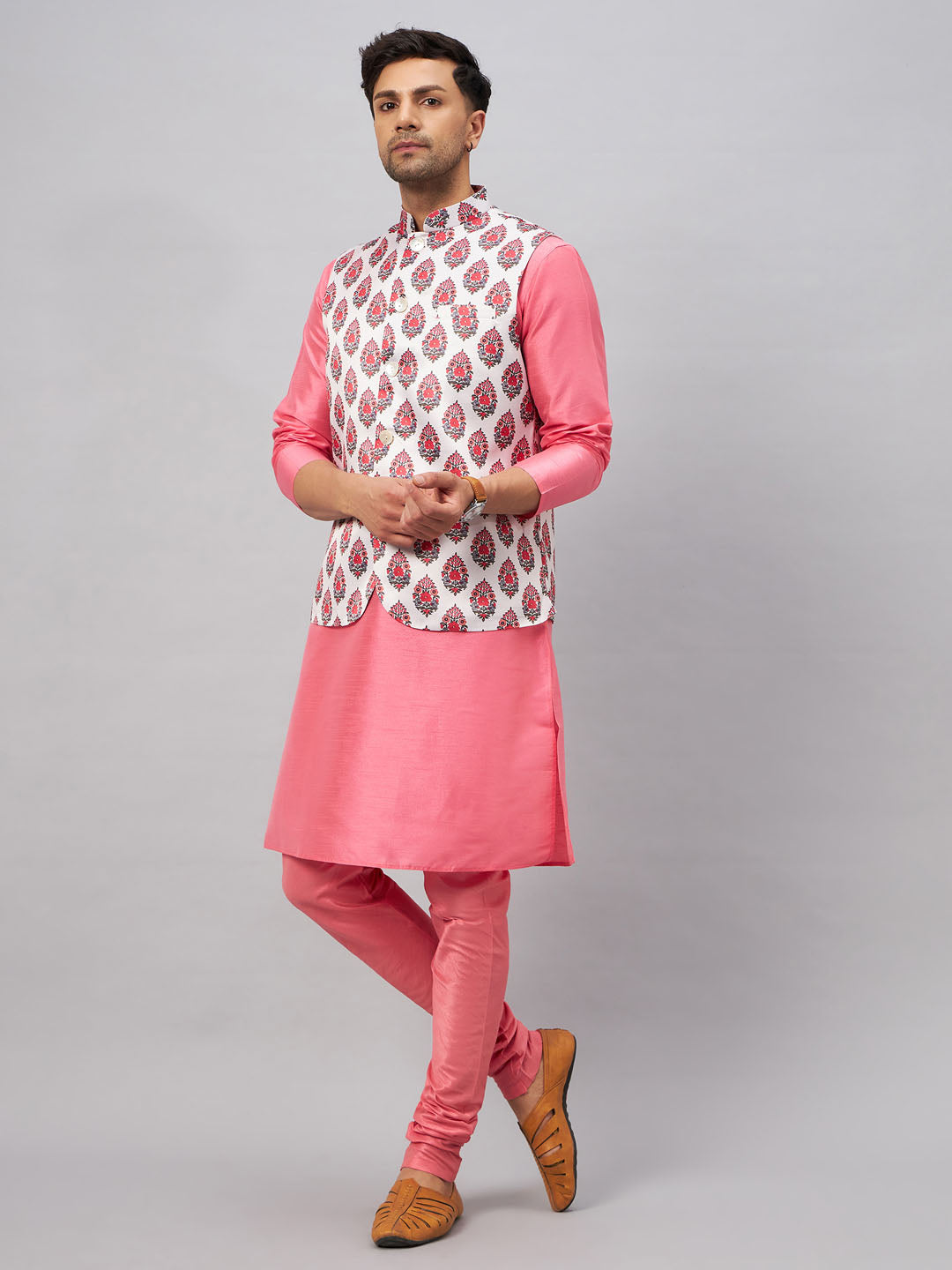 Men's Cream And Pink Silk Blend Jacket, Kurta and Pyjama Set