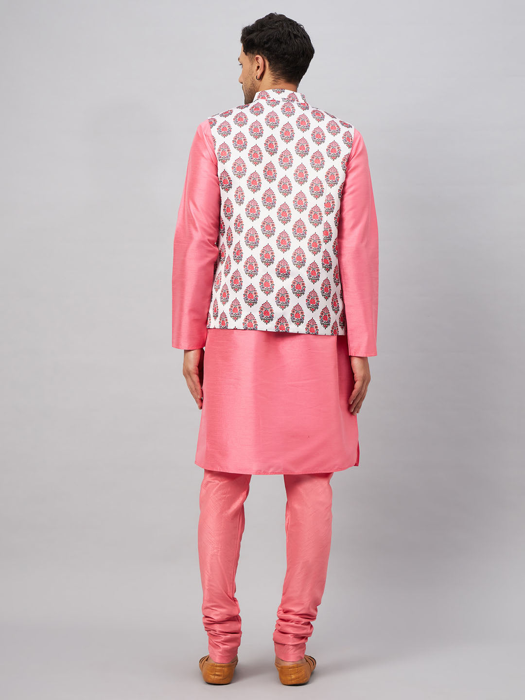 Men's Cream And Pink Silk Blend Jacket, Kurta and Pyjama Set