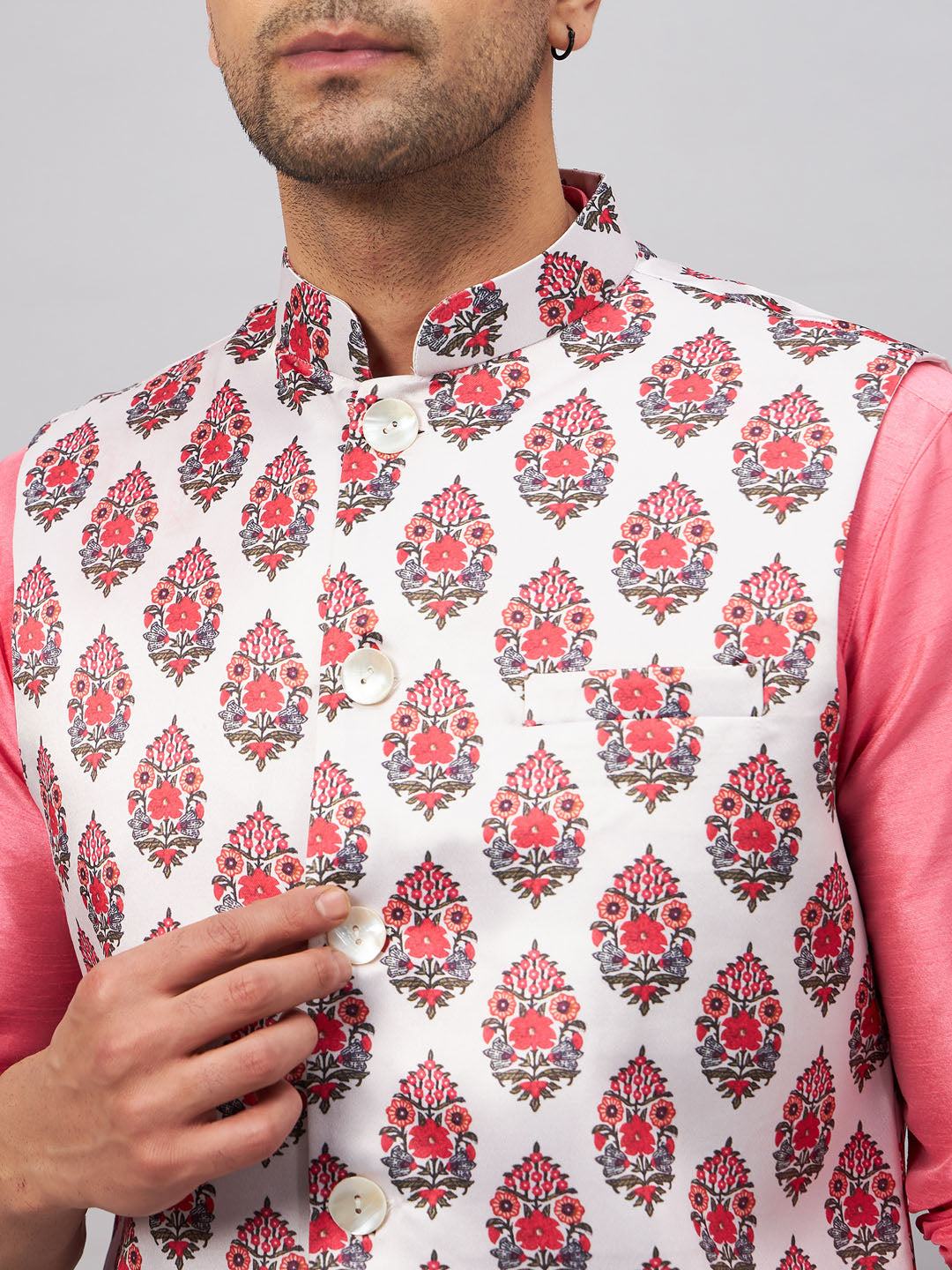 Men's Cream And Pink Silk Blend Jacket, Kurta and Pyjama Set