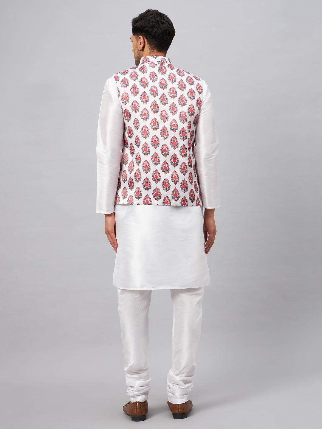 Men's Cream And White Silk Blend Jacket, Kurta and Pyjama Set