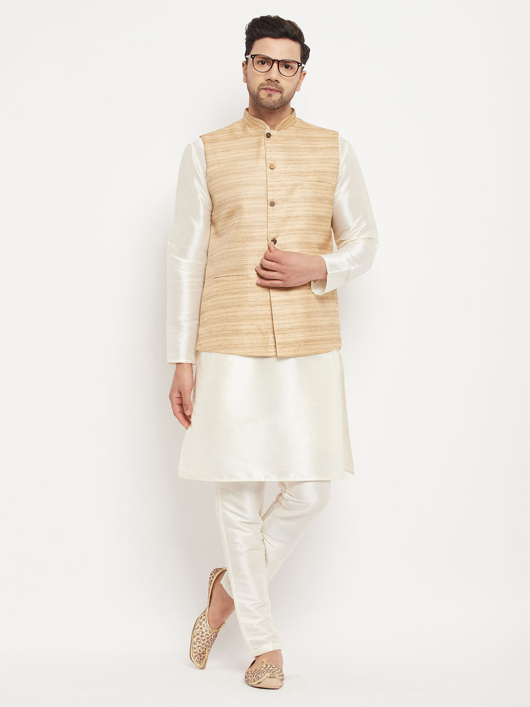 Men's Beige And Cream Silk Blend Jacket, Kurta and Pyjama Set