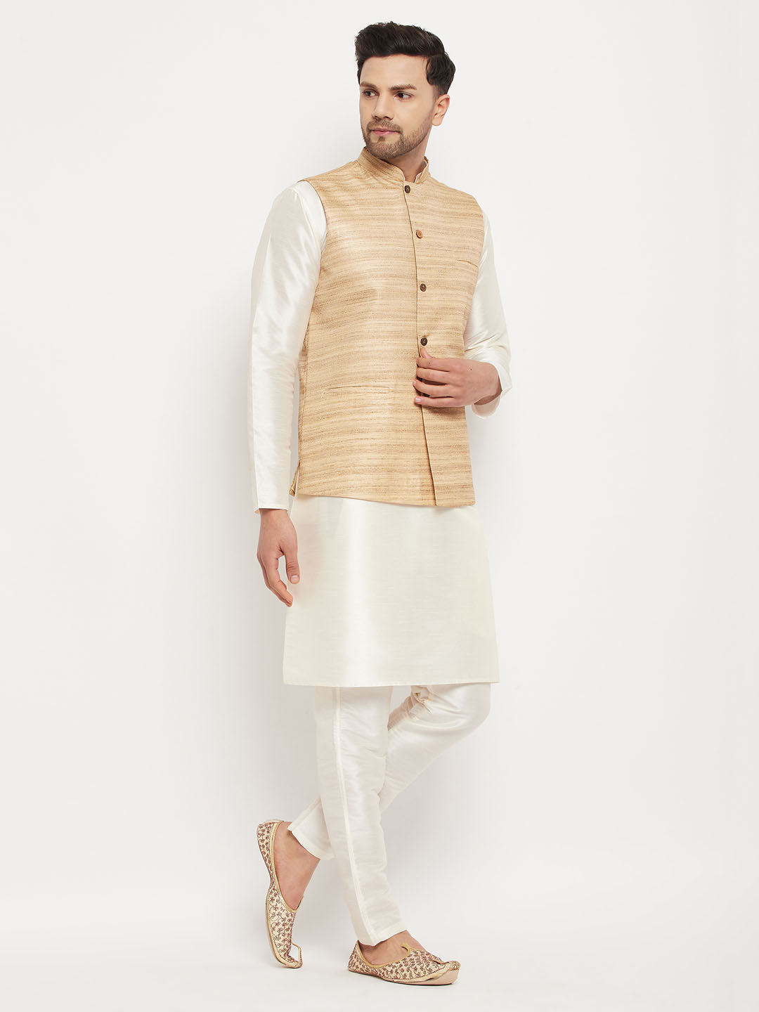 Men's Beige And Cream Silk Blend Jacket, Kurta and Pyjama Set