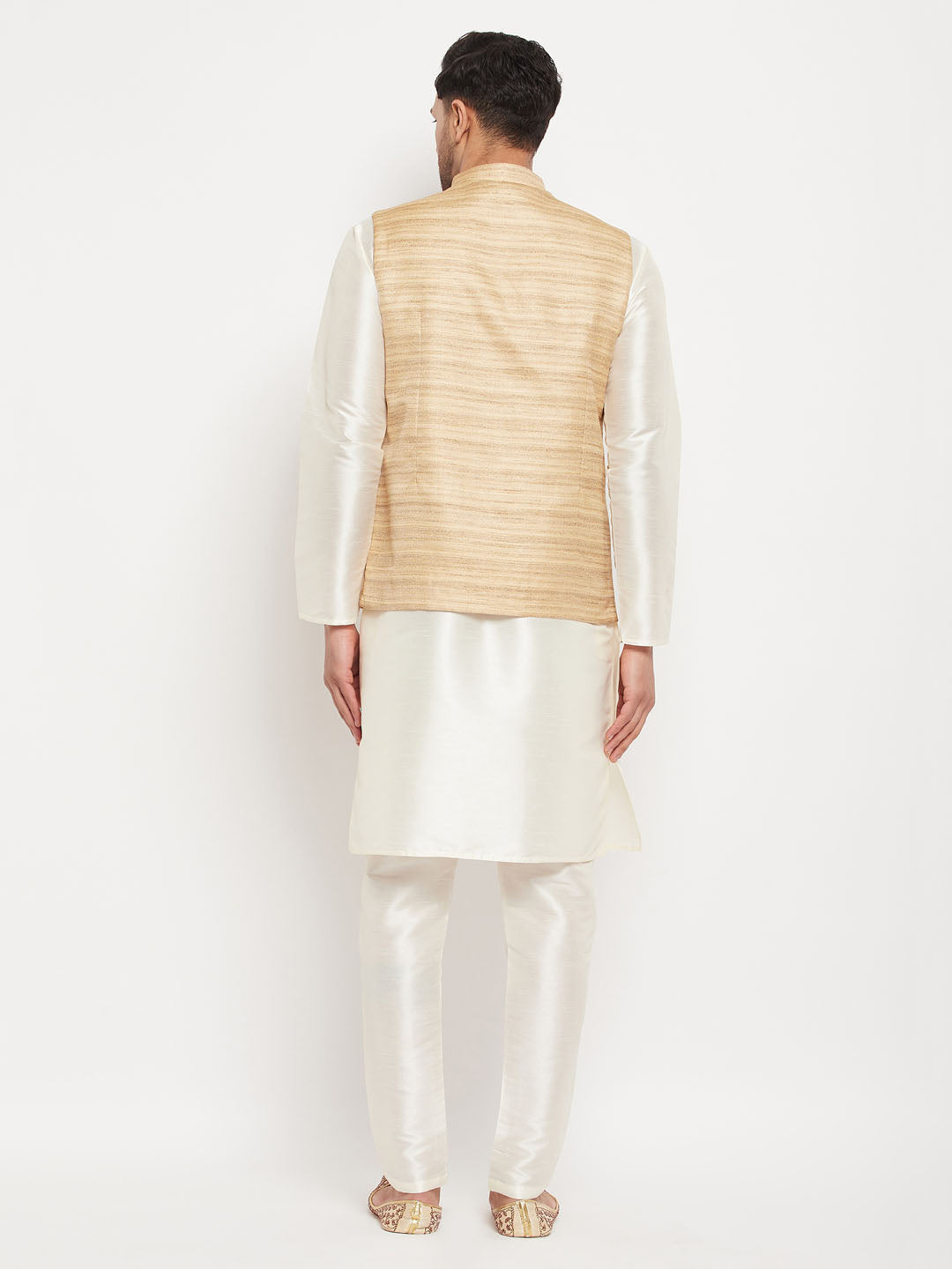 Men's Beige And Cream Silk Blend Jacket, Kurta and Pyjama Set