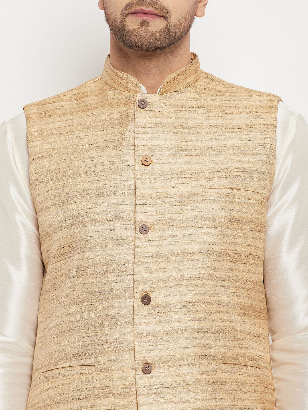 Men's Beige And Cream Silk Blend Jacket, Kurta and Pyjama Set