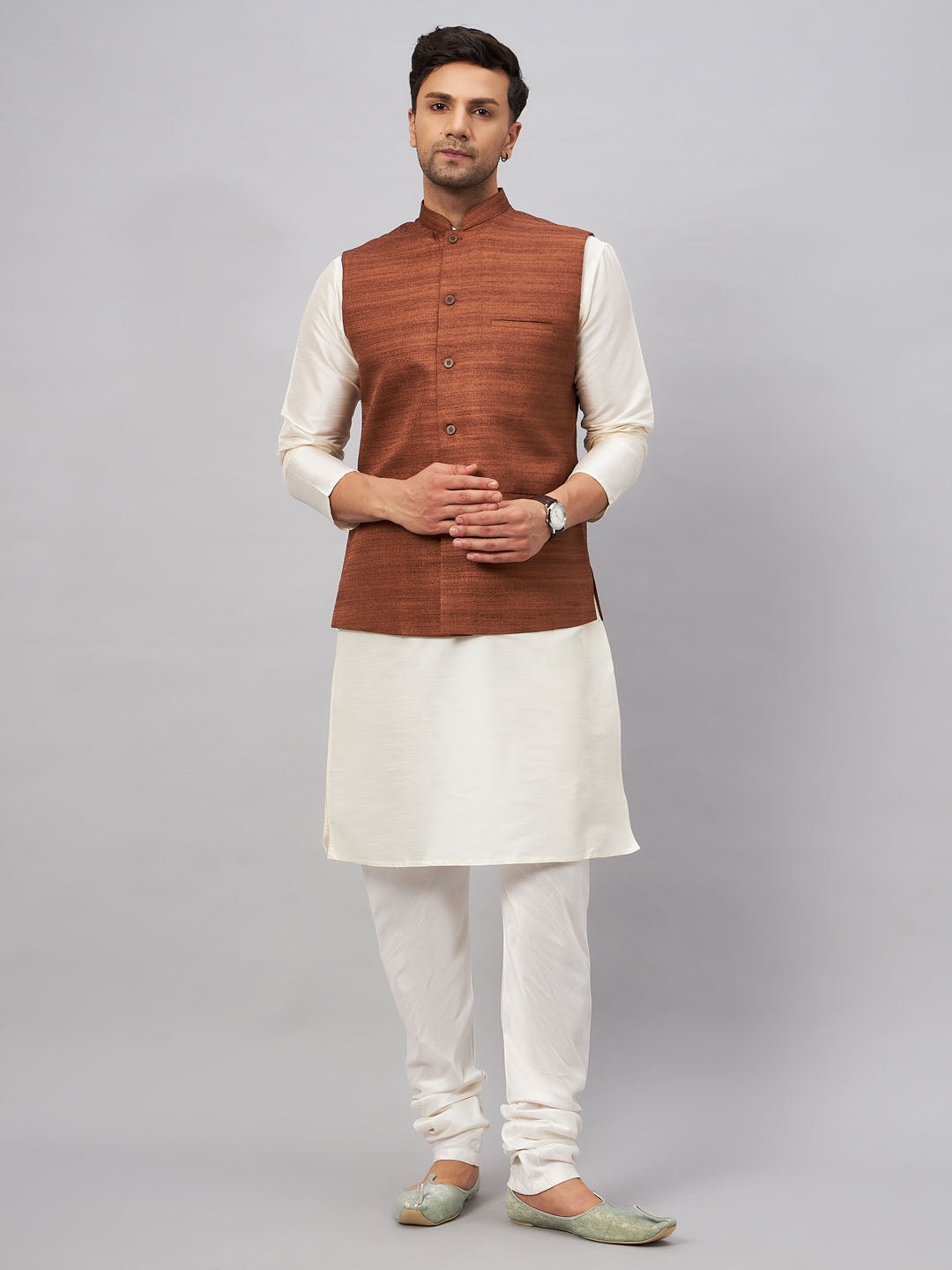 Men's Brown And Cream Silk Blend Jacket, Kurta and Pyjama Set