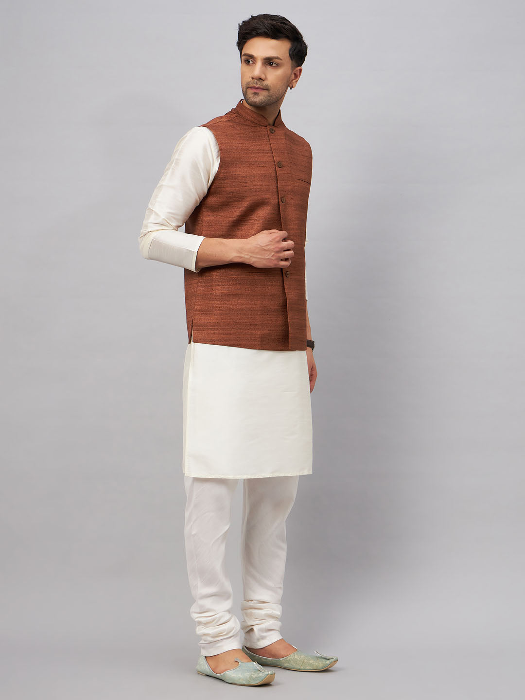 Men's Brown And Cream Silk Blend Jacket, Kurta and Pyjama Set