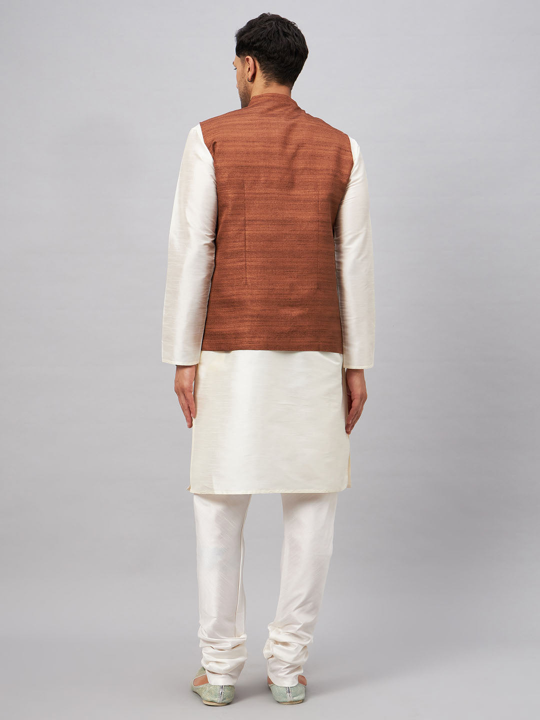 Men's Brown And Cream Silk Blend Jacket, Kurta and Pyjama Set