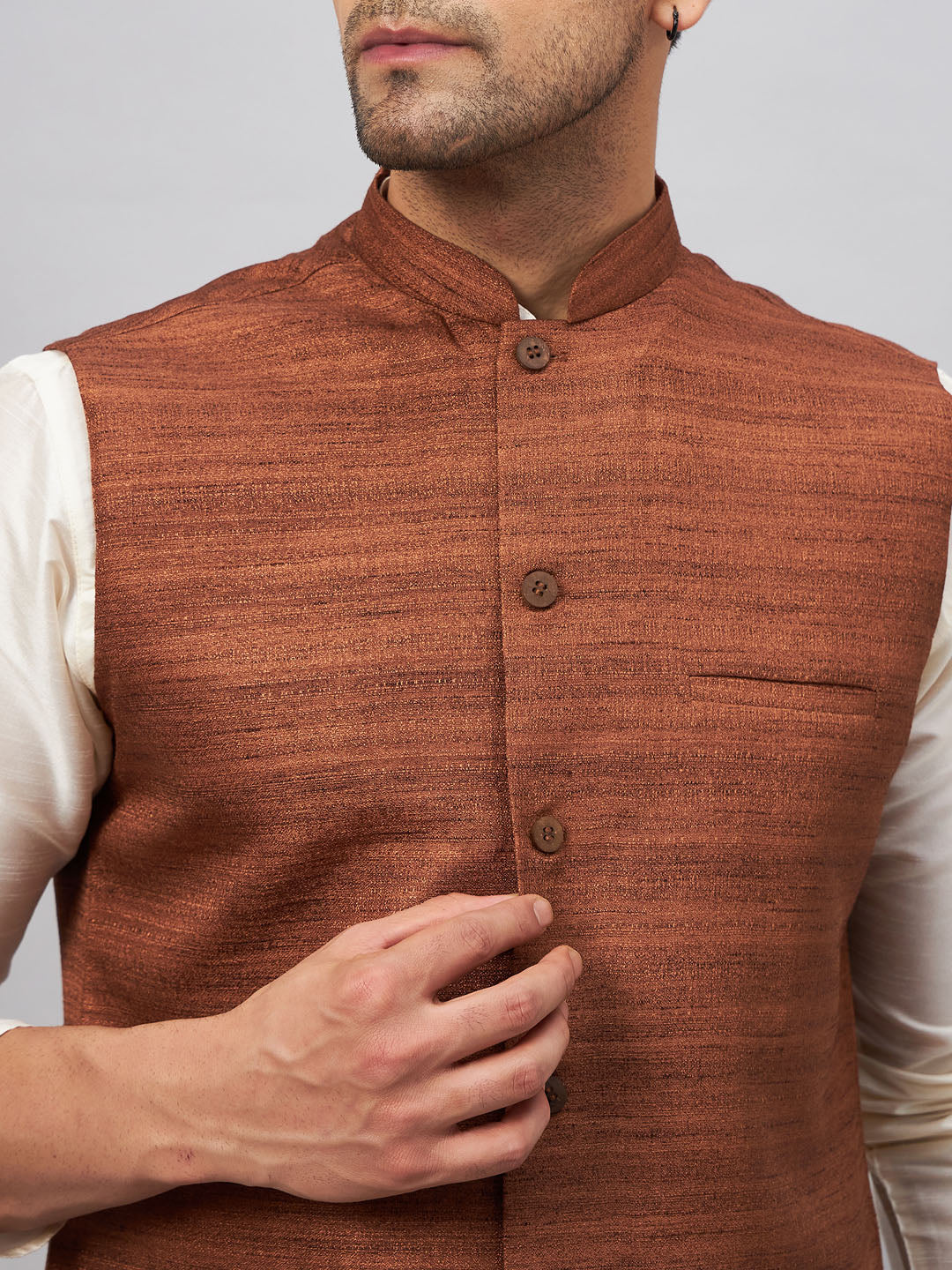 Men's Brown And Cream Silk Blend Jacket, Kurta and Pyjama Set