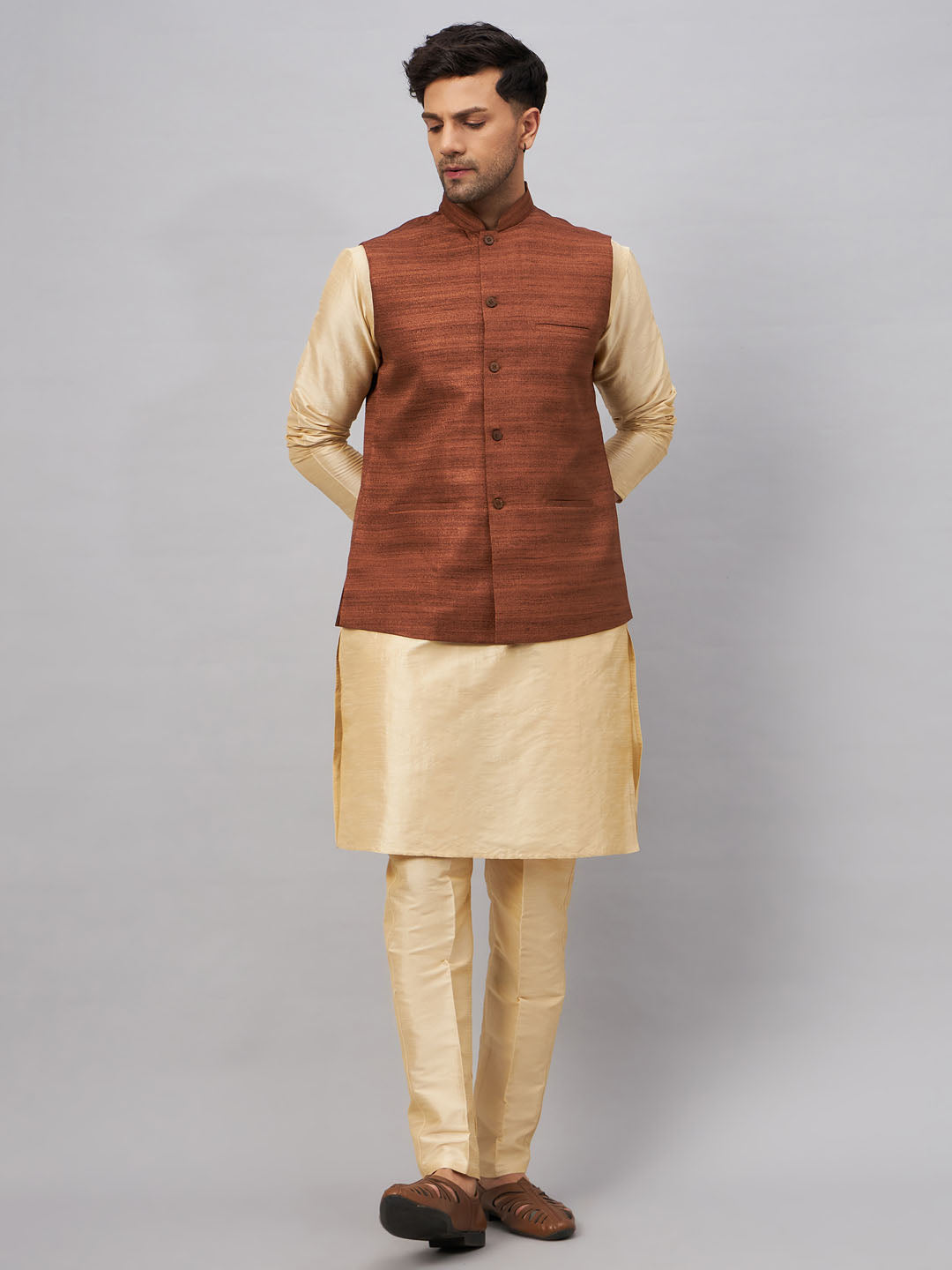 Men's Coffee And Gold Silk Blend Jacket, Kurta and Pyjama Set