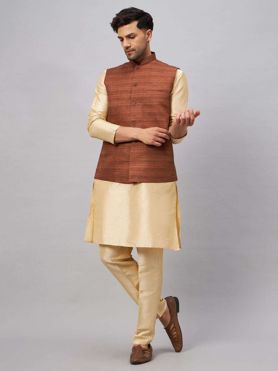 Men's Coffee And Gold Silk Blend Jacket, Kurta and Pyjama Set