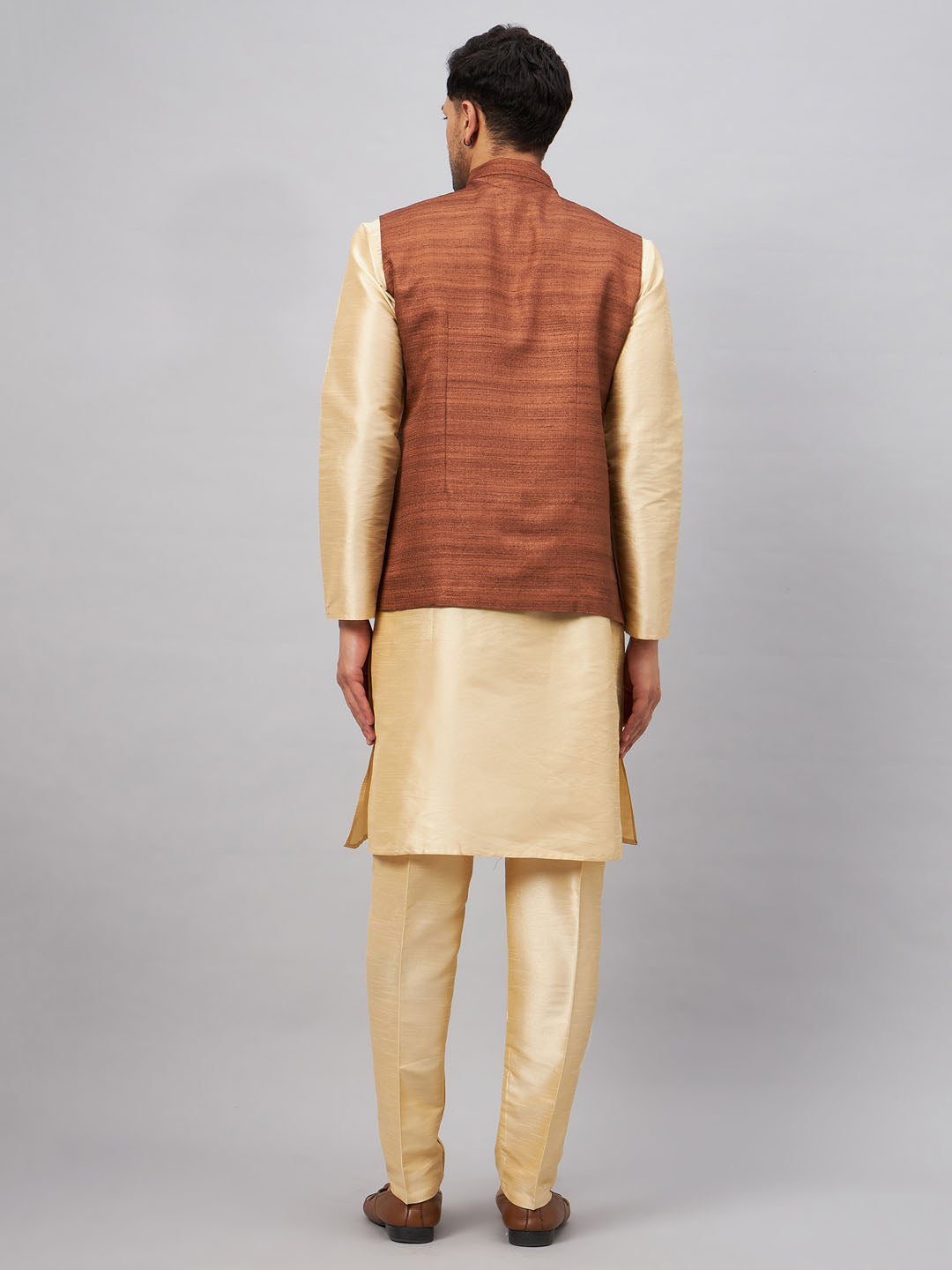 Men's Coffee And Gold Silk Blend Jacket, Kurta and Pyjama Set