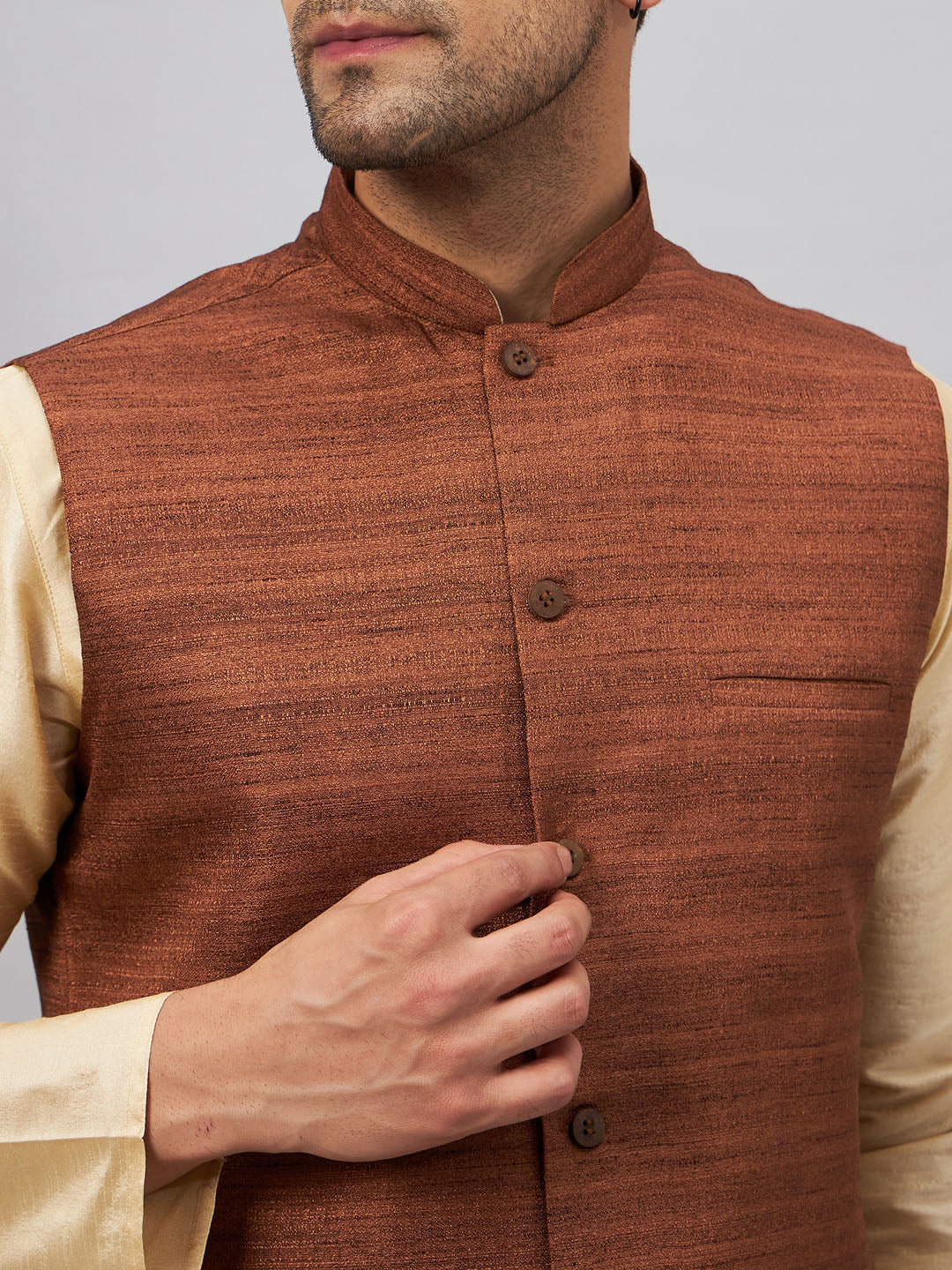 Men's Coffee And Gold Silk Blend Jacket, Kurta and Pyjama Set