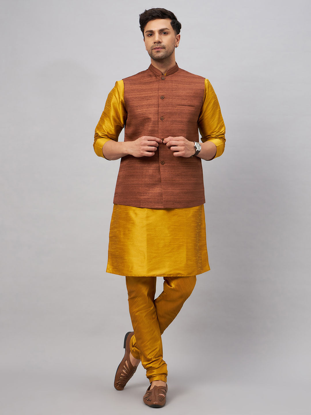 Men's Mustard And Brown Silk Blend Jacket, Kurta and Pyjama Set