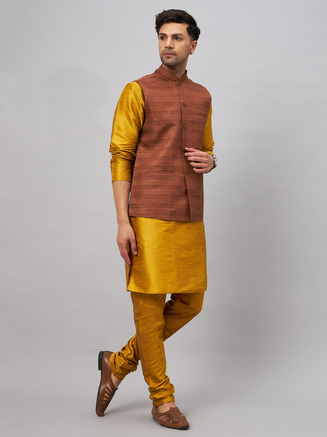 Men's Mustard And Brown Silk Blend Jacket, Kurta and Pyjama Set