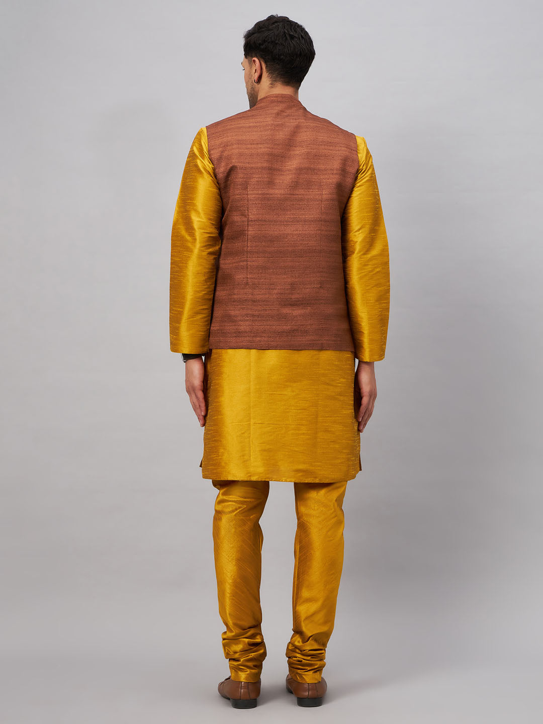 Men's Mustard And Brown Silk Blend Jacket, Kurta and Pyjama Set