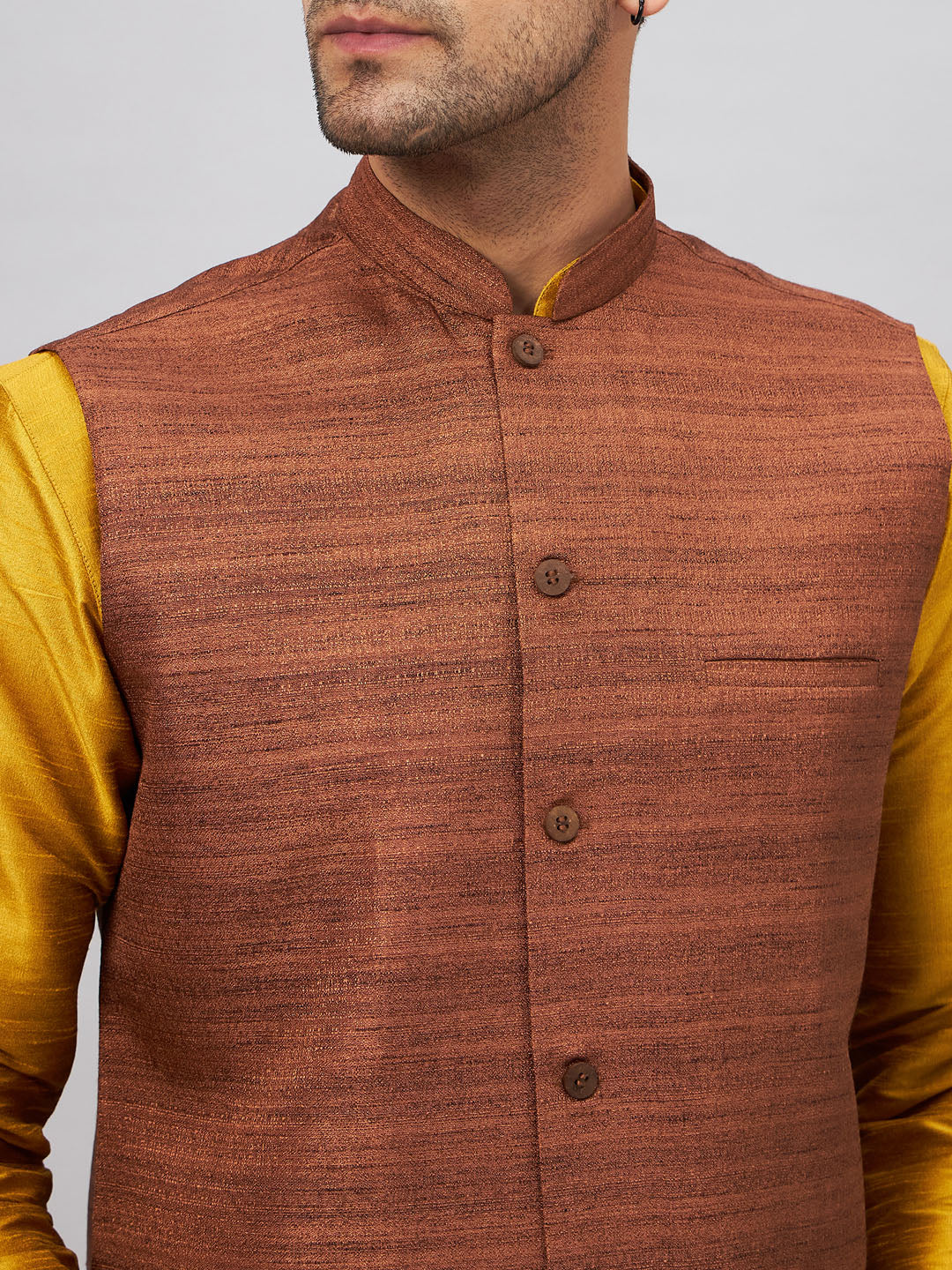 Men's Mustard And Brown Silk Blend Jacket, Kurta and Pyjama Set